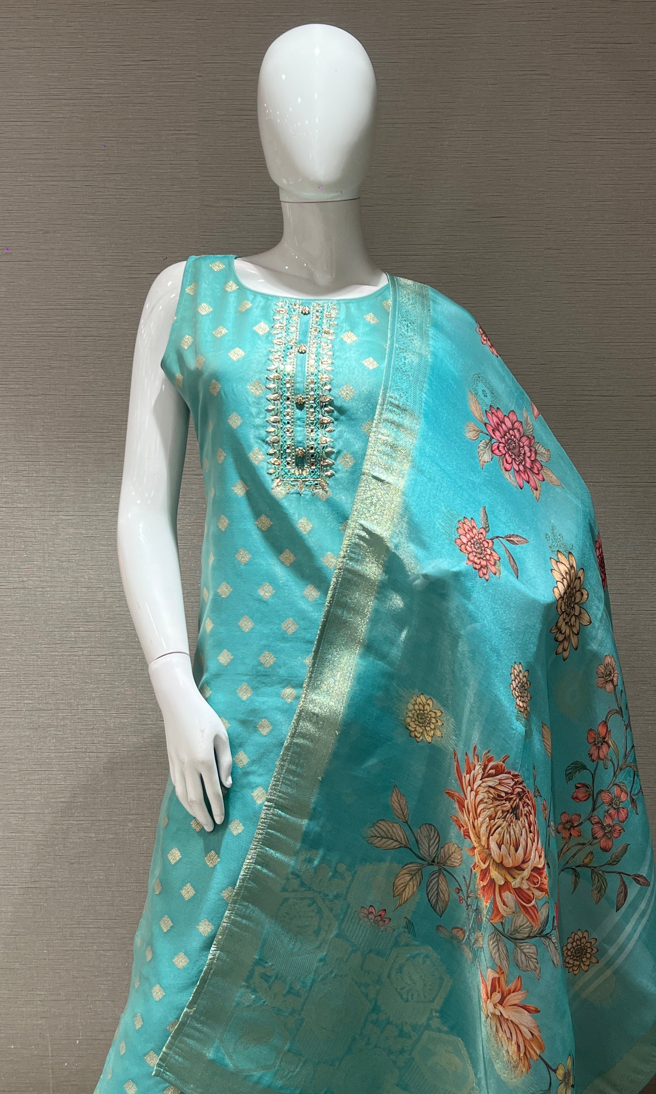 Sea green kurta set with floral dupatta