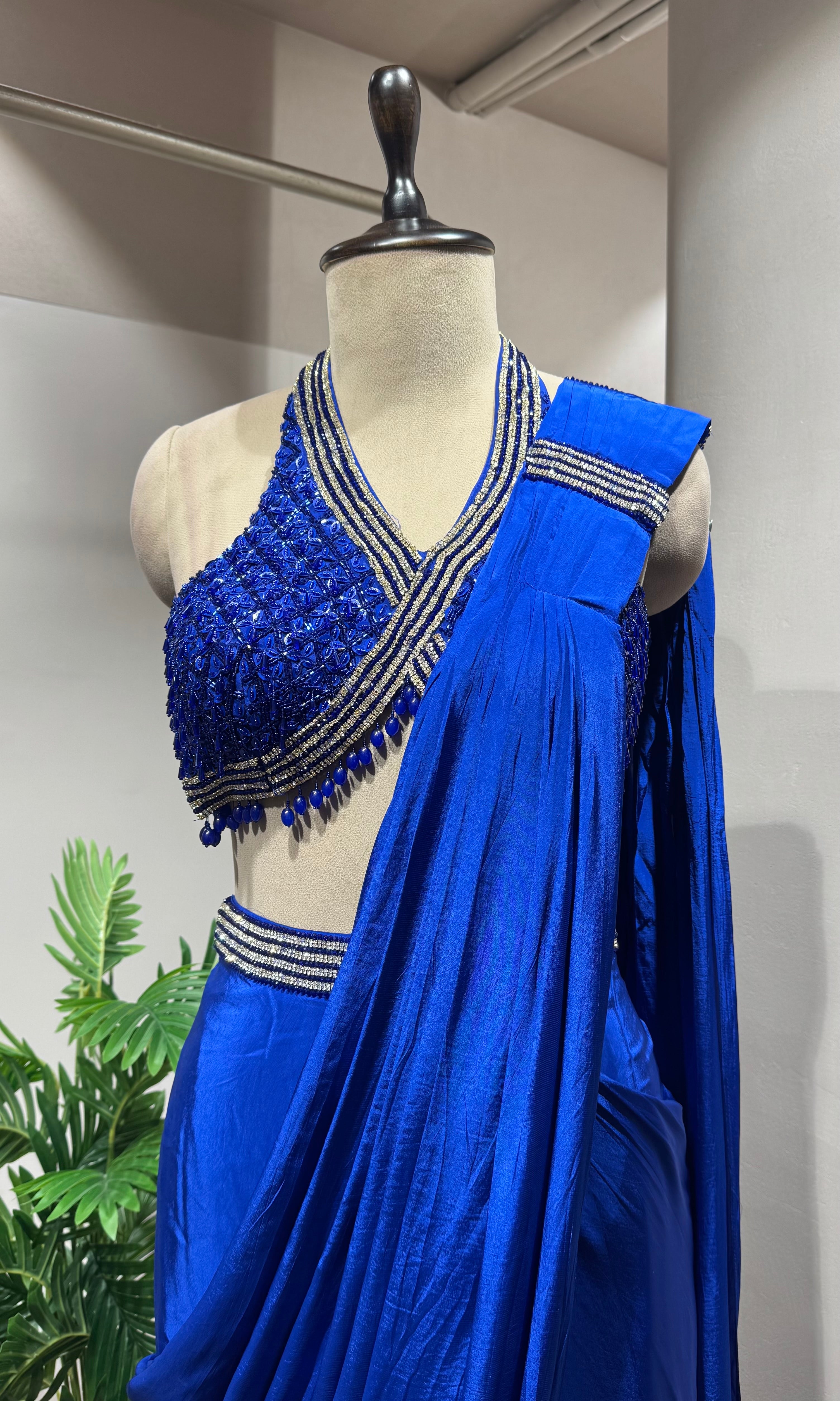 Blue Draped Saree with Sequin Embroidered Blouse