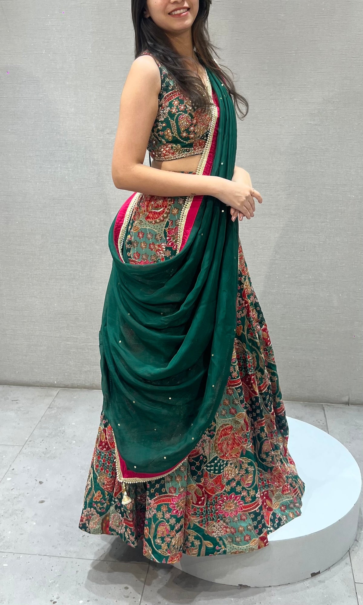 Green silk Intricate floral printed lehenga set