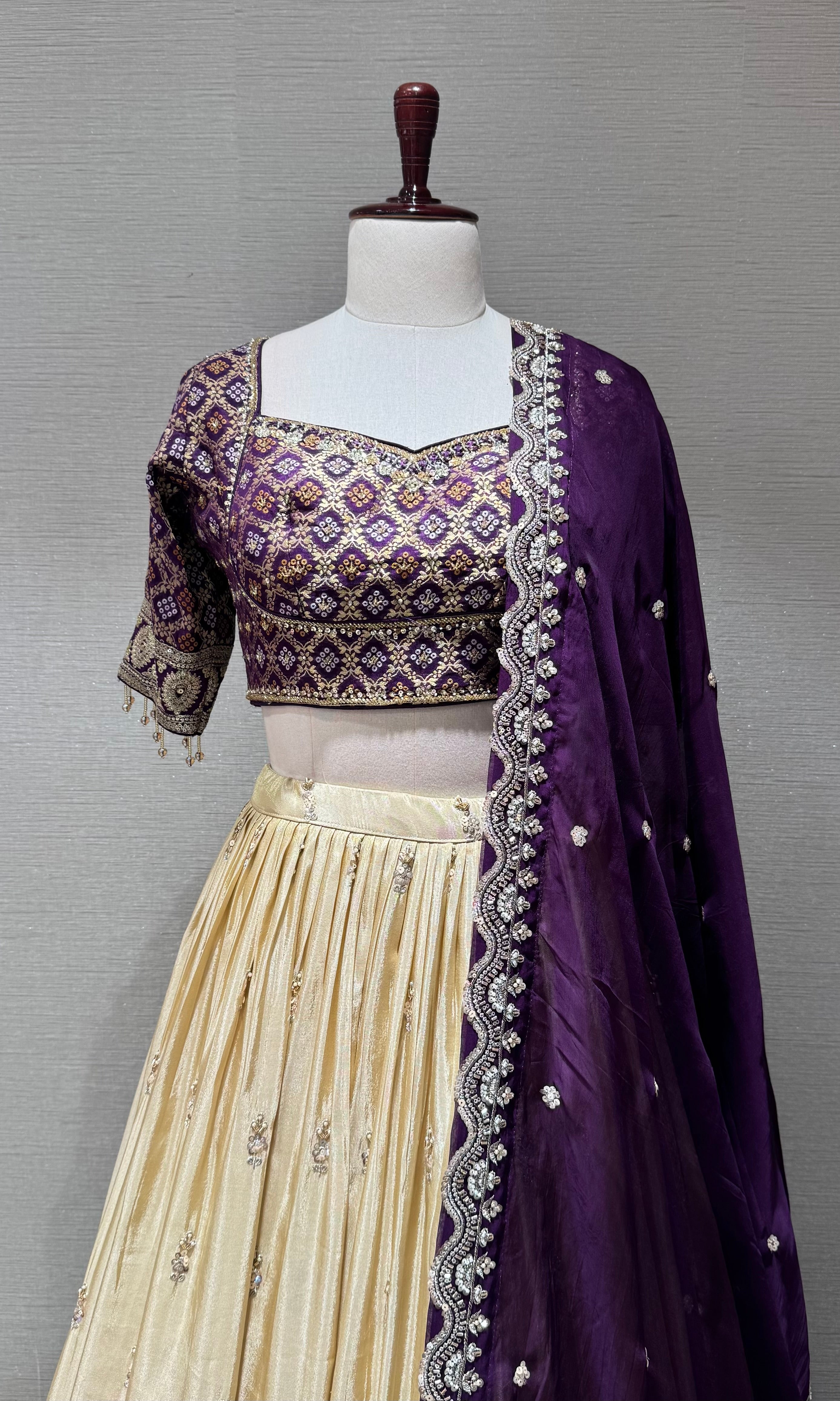 Twilight Purple And Champagne Silk Lehenga Set