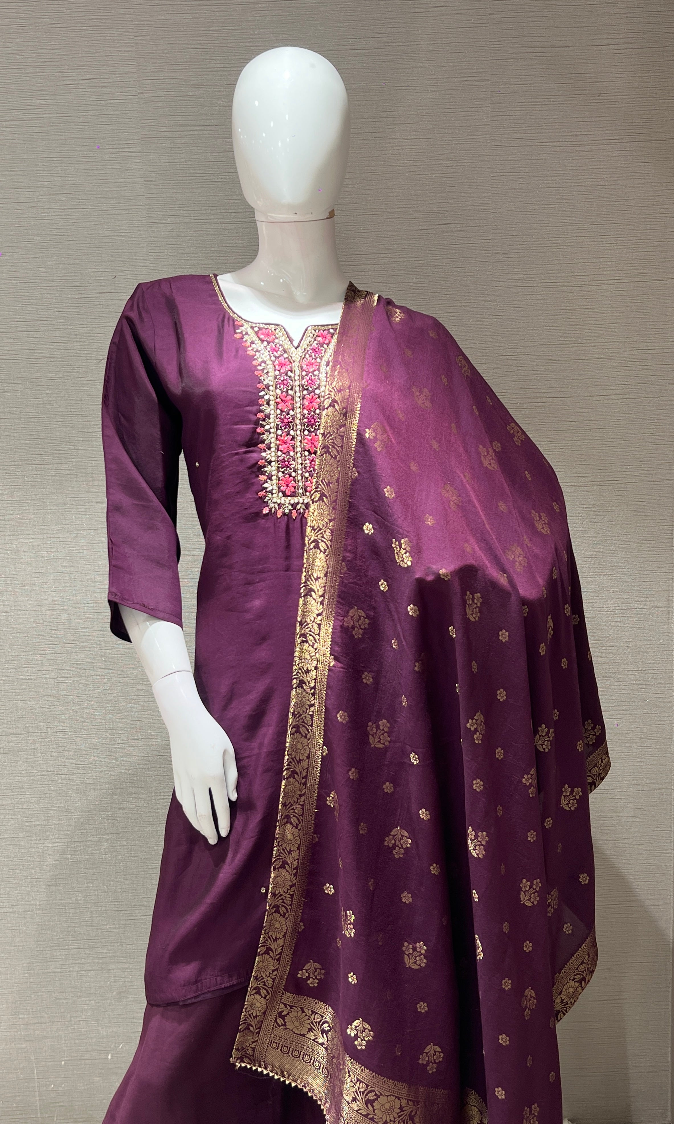WINE EMBROIDERED KURTA SET