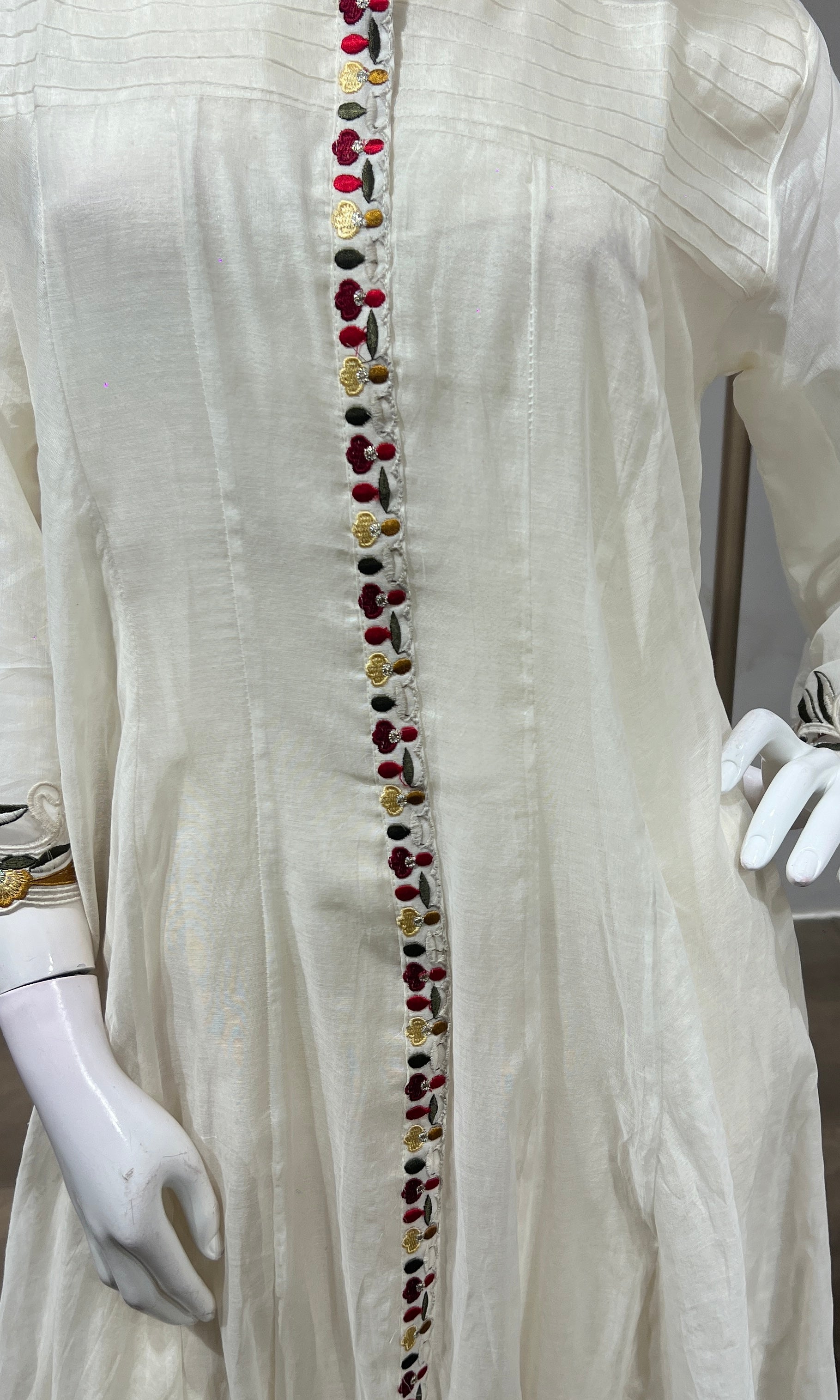 White Cotton Blend Flared Kurta set with Intricate Border