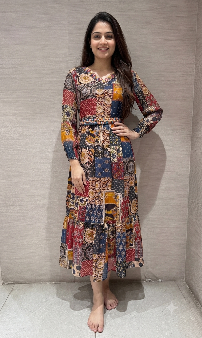 BROWN multicolor patchwork print frock