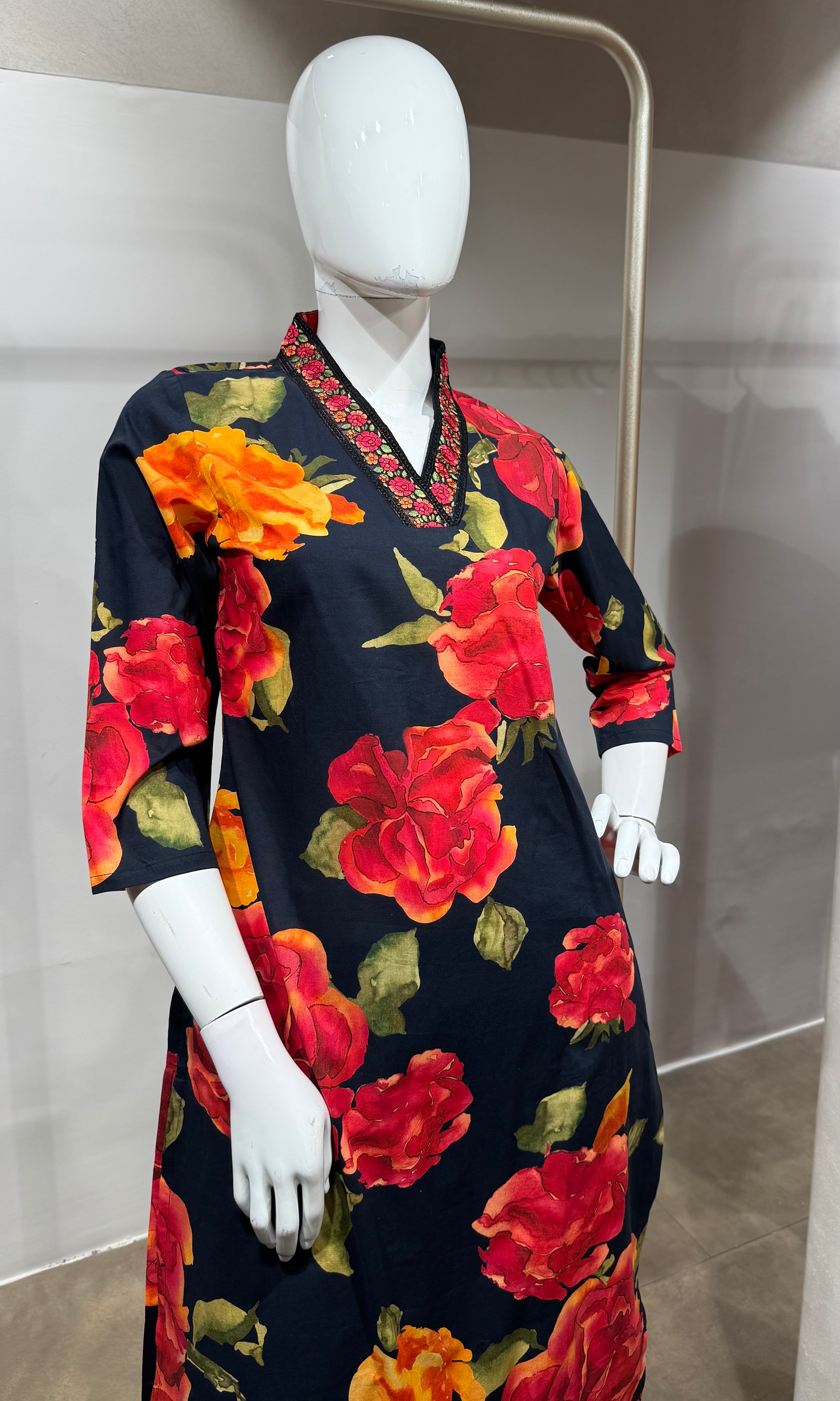 black red and orange floral prints Kurta set