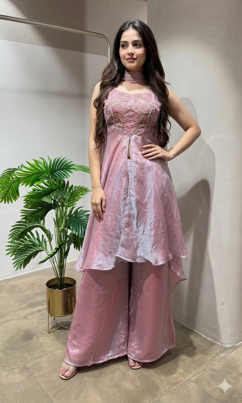 PINK A LINE SHIMMER TISSUE PALAZOO SET