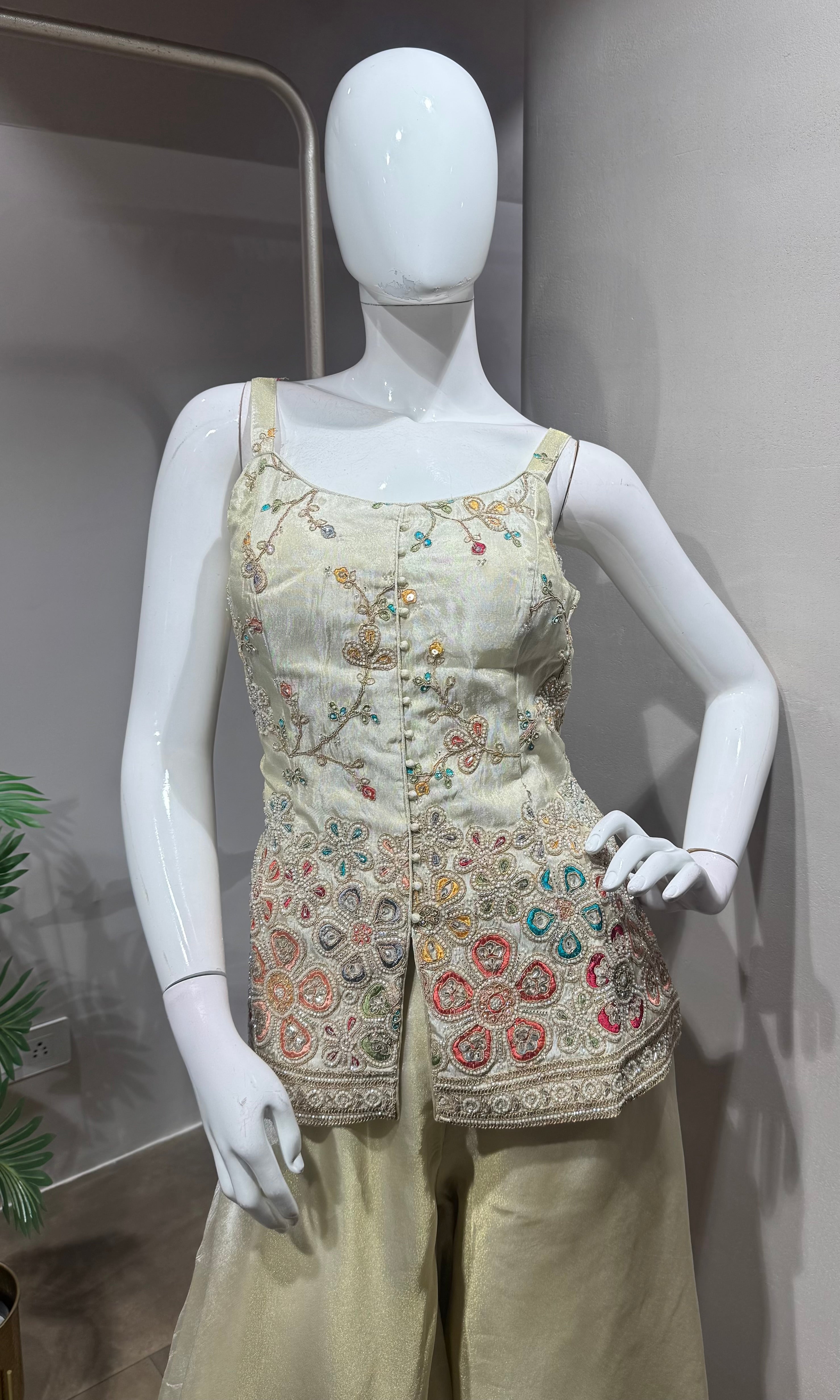 Cream Floral Embroidered Palazzo Set