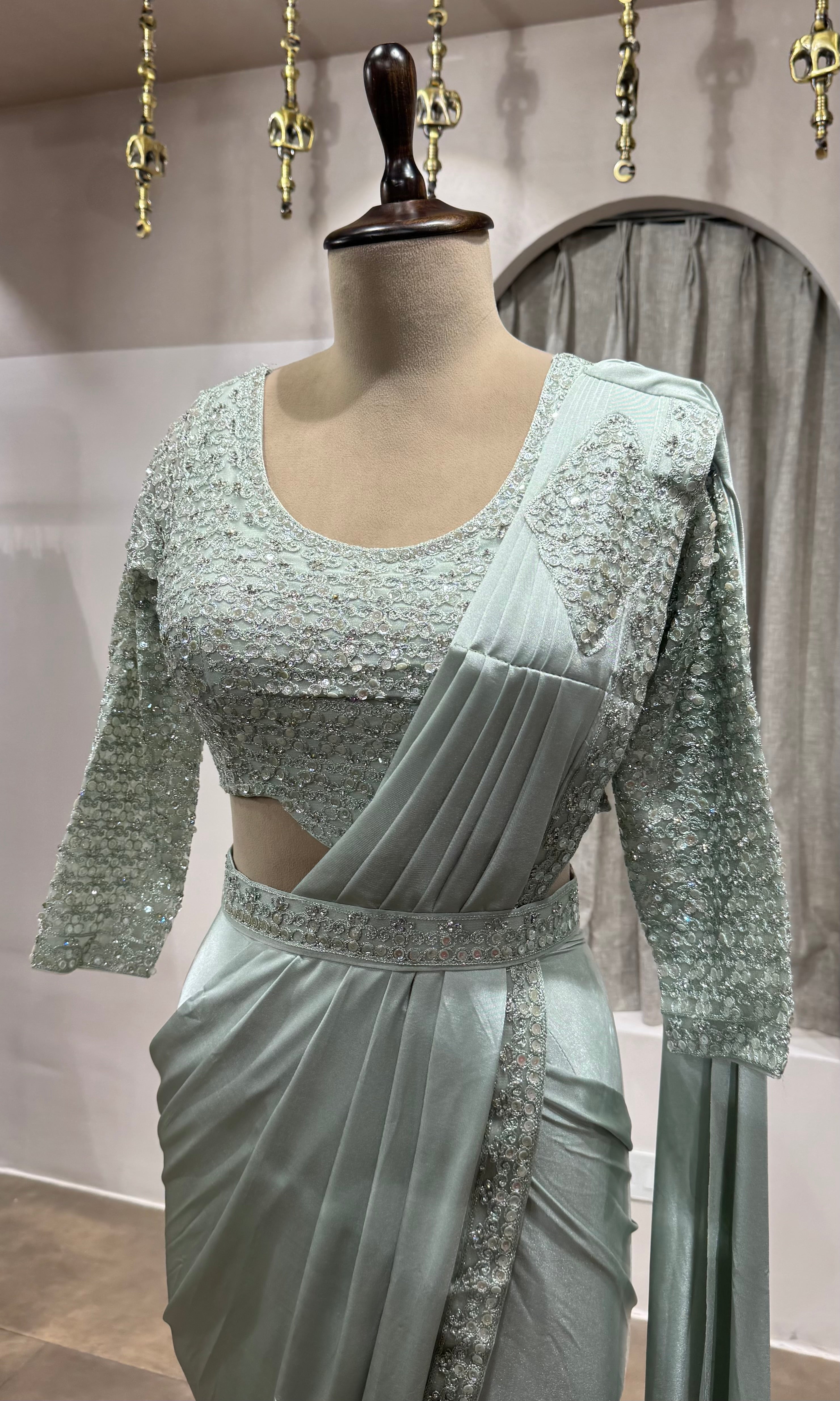 Pista Green DRAPE SAREE WITH ETHNIC BLOUSE & BELT