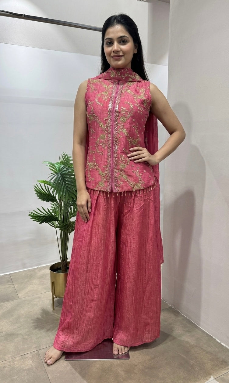 Pink embroidered peplum palazzo set