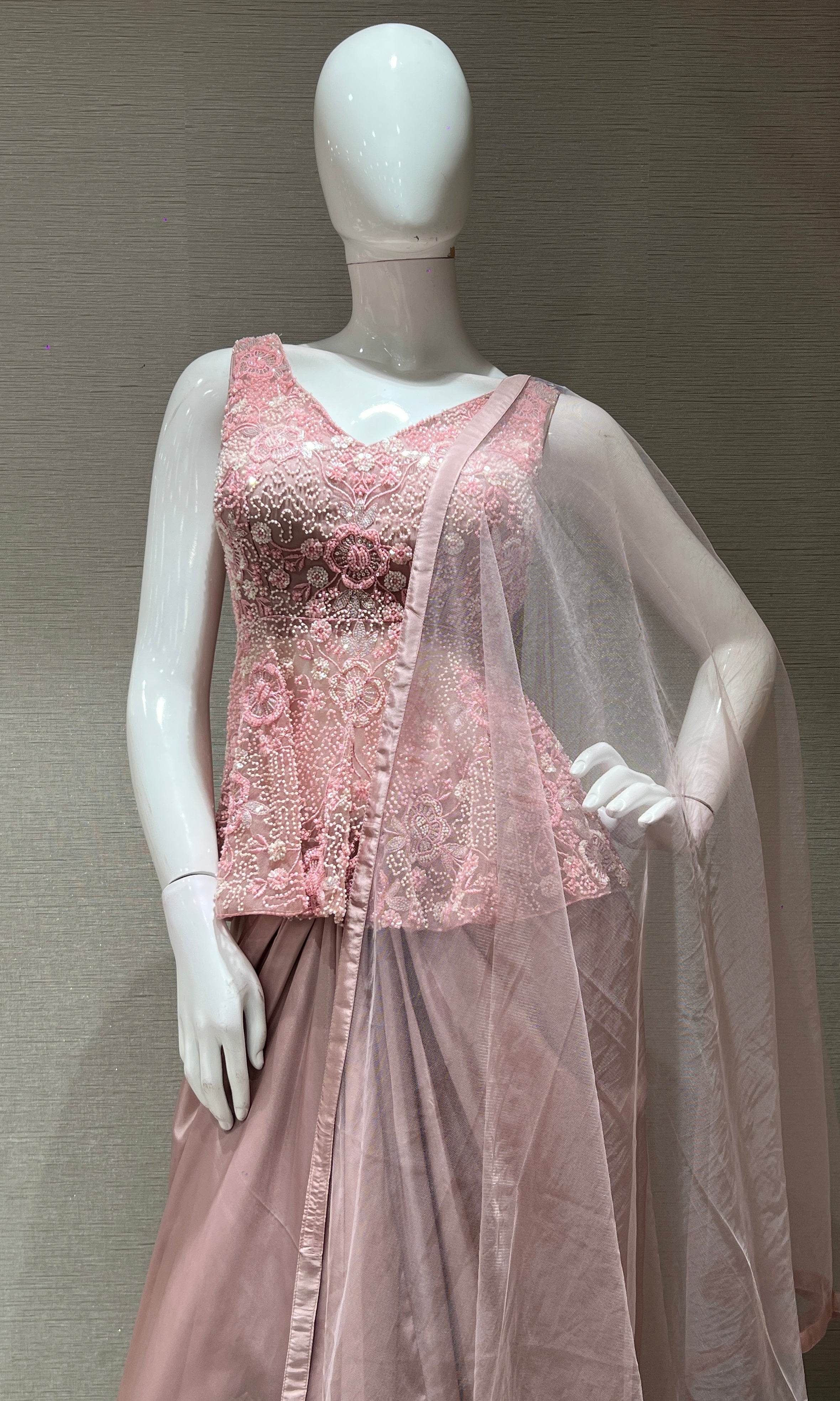 Baby pink EMBROIDERED PEPLUM BLOUSE WITH SKIRT