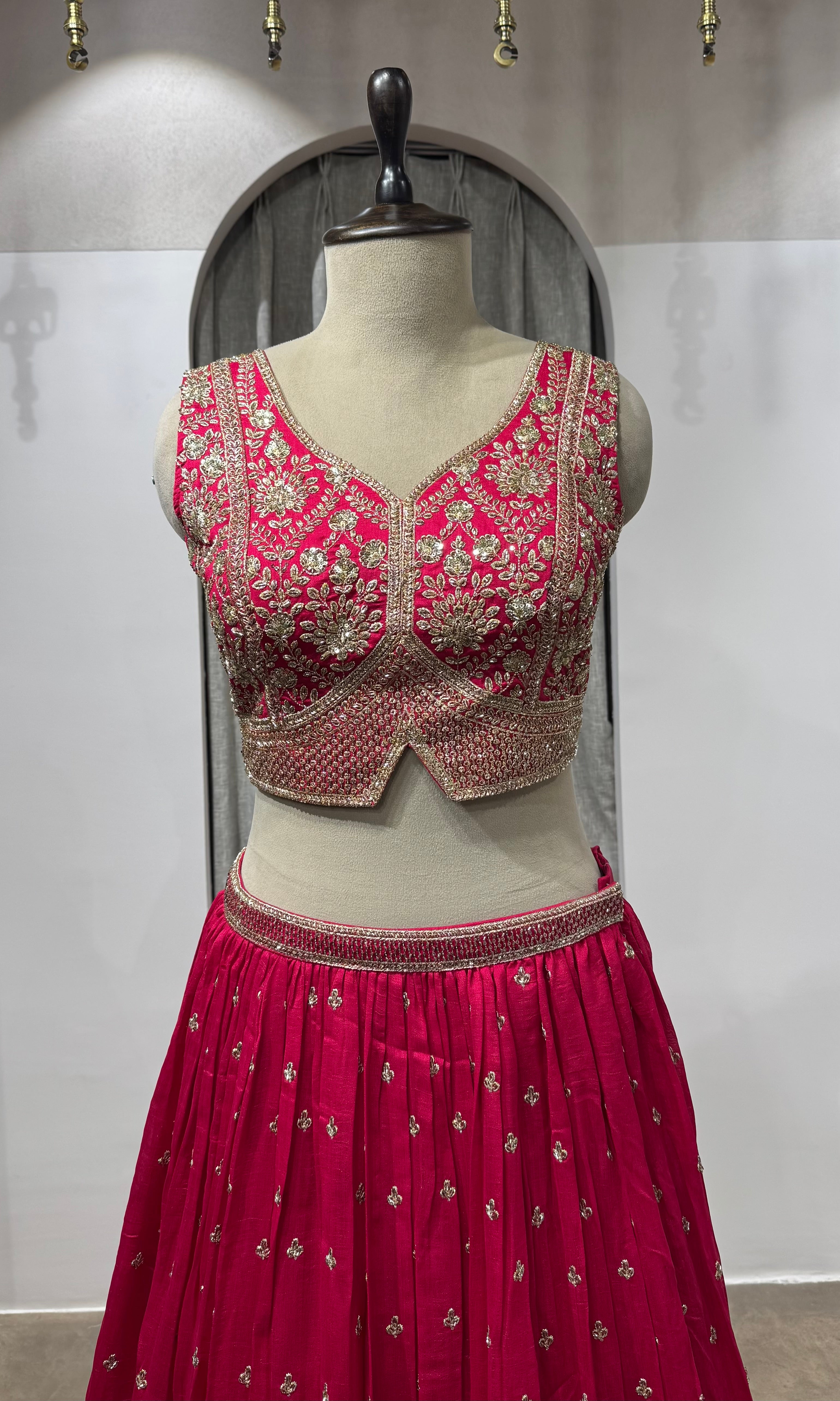 Rani pink Golden Ethnic Lehenga set