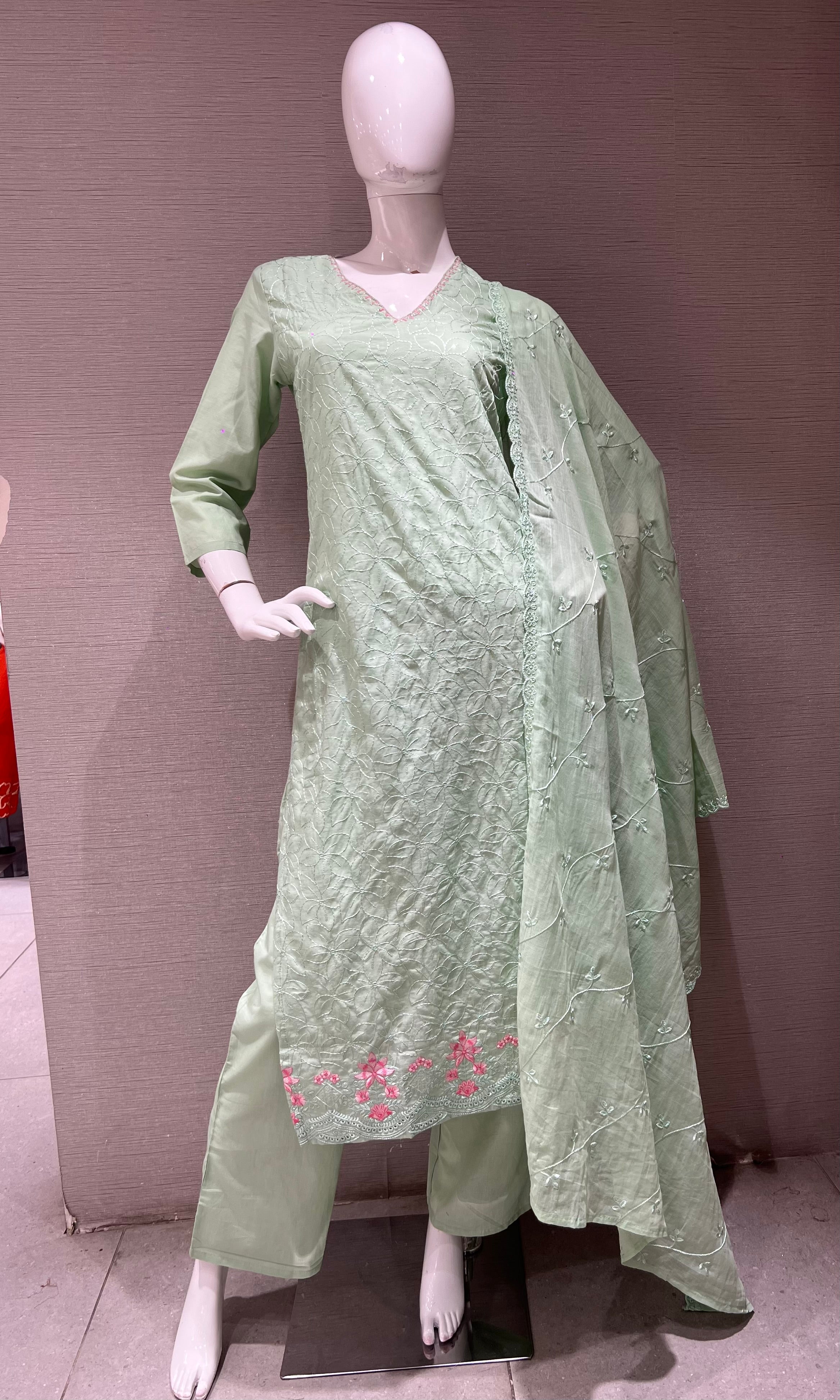 Pista Green Floral Kurta Set with Matching Dupatta