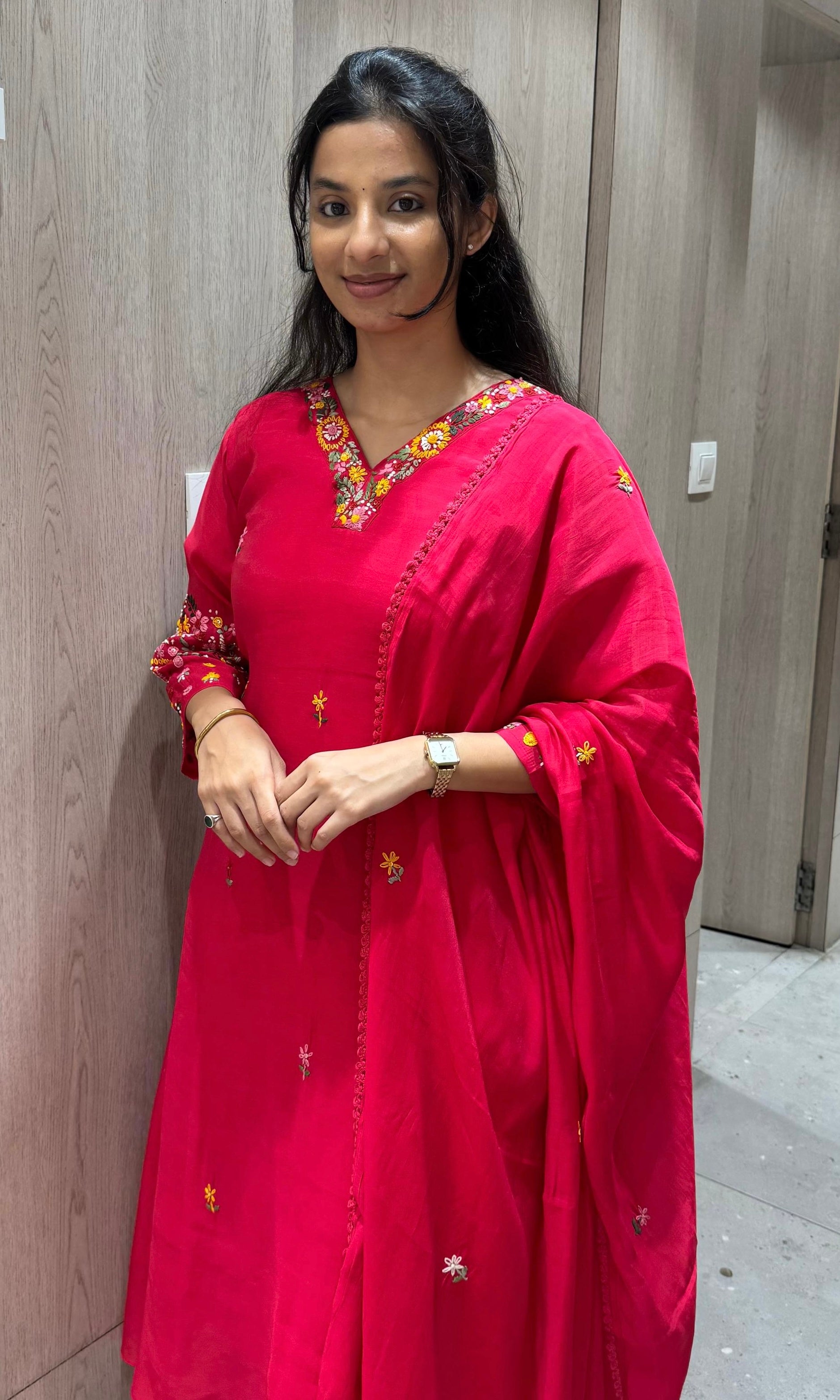 Pink Floral Neckline Kurta Set