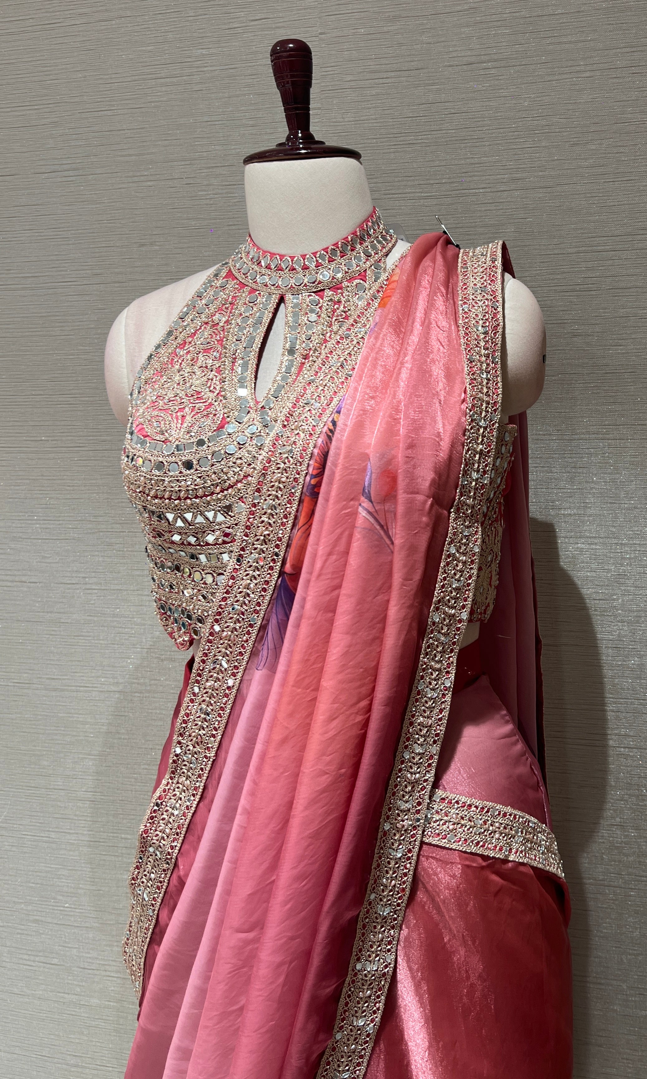 blush pink saree with Embellished halter neck blouse