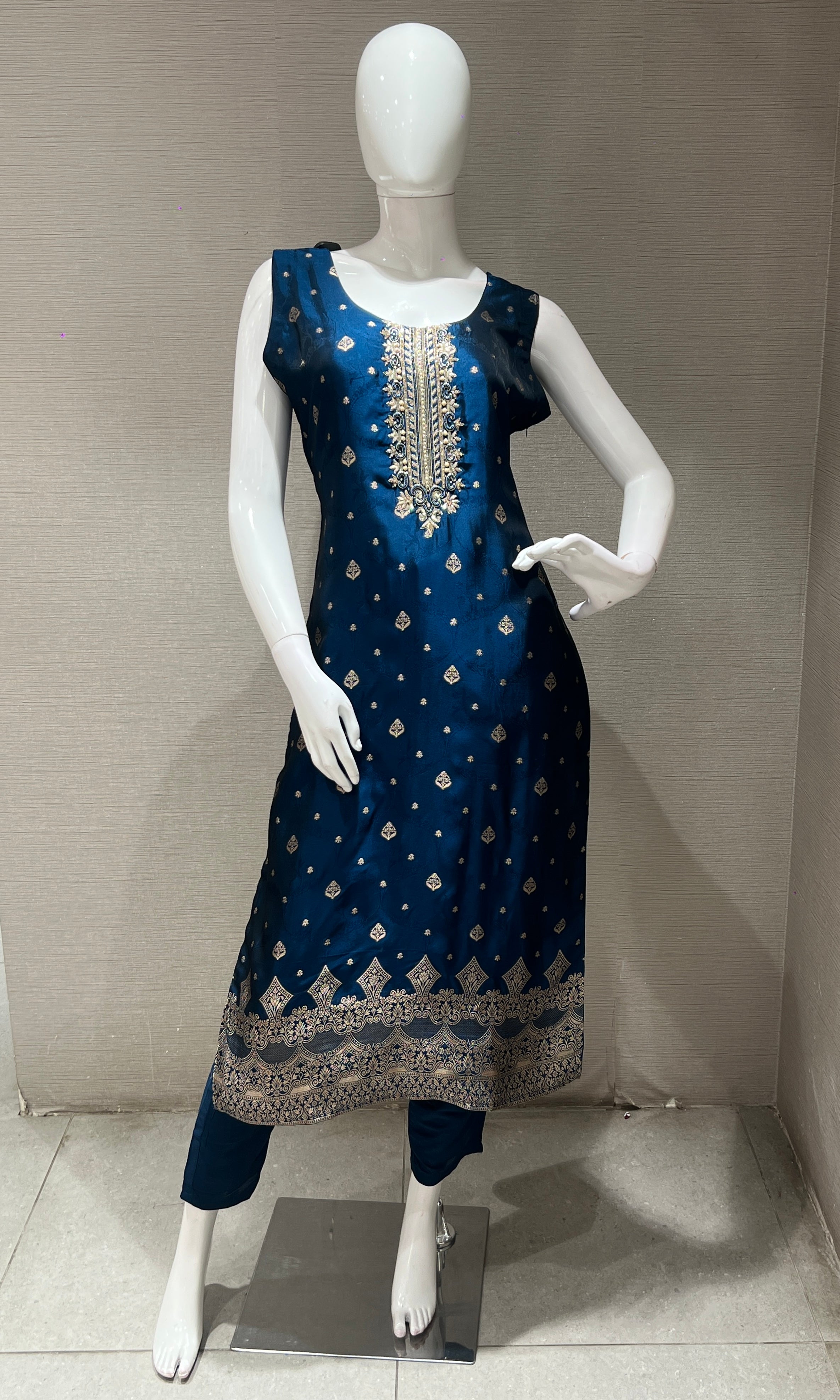 navy blue gold print embroidery kurta set
