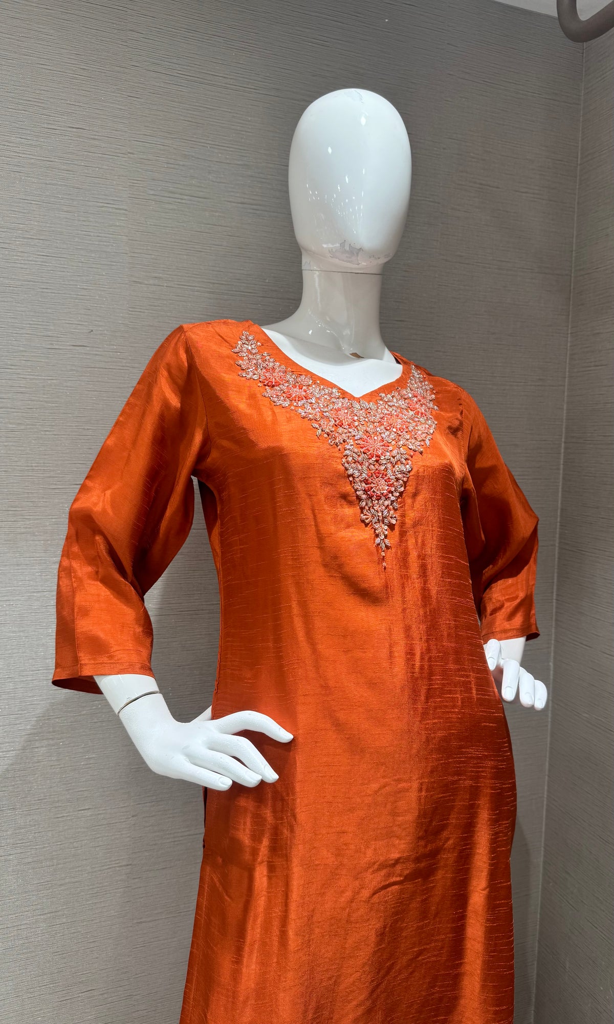 RUST Mul Chanderi Kurta Set with Striped Dupatta