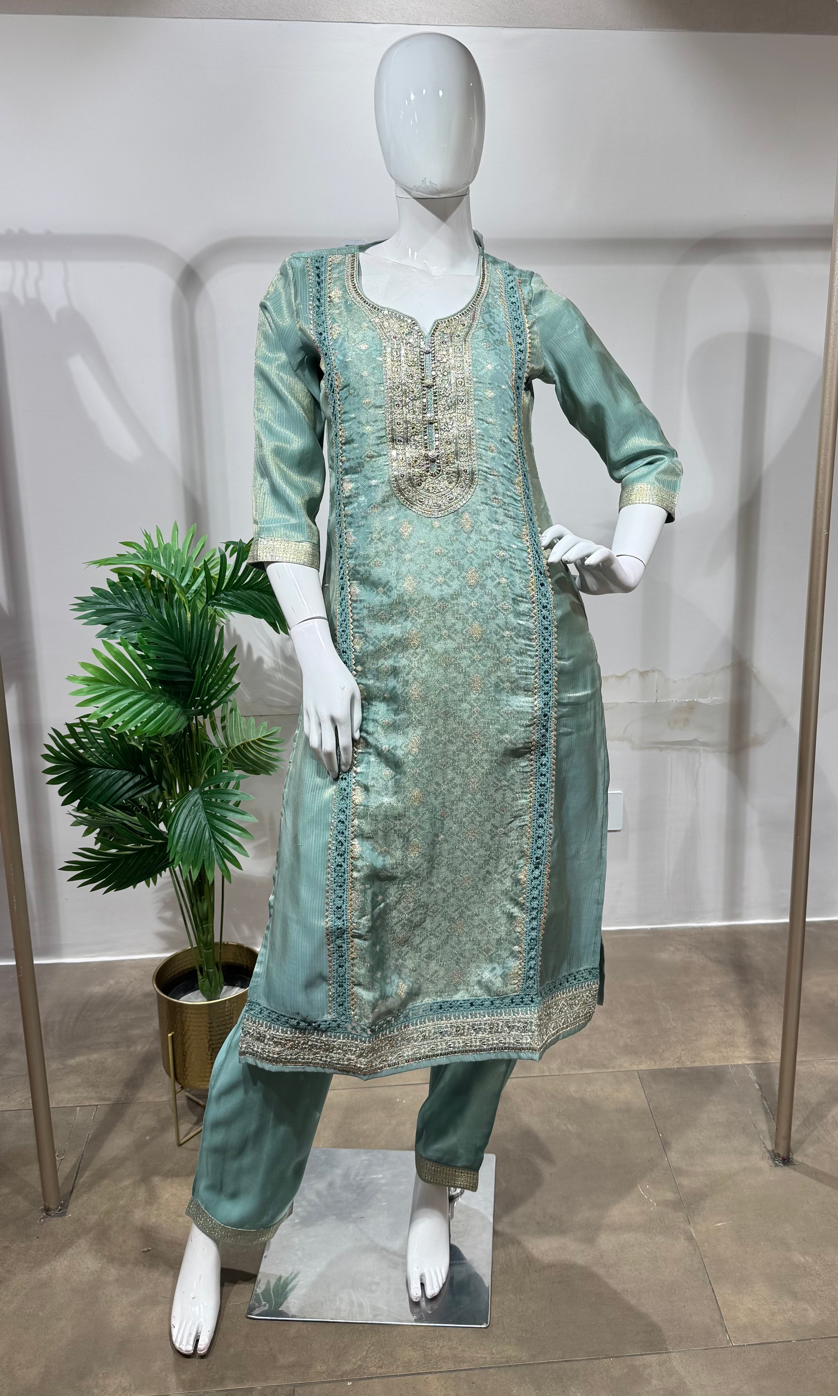 Pista green Embroidered Straight Kurta set