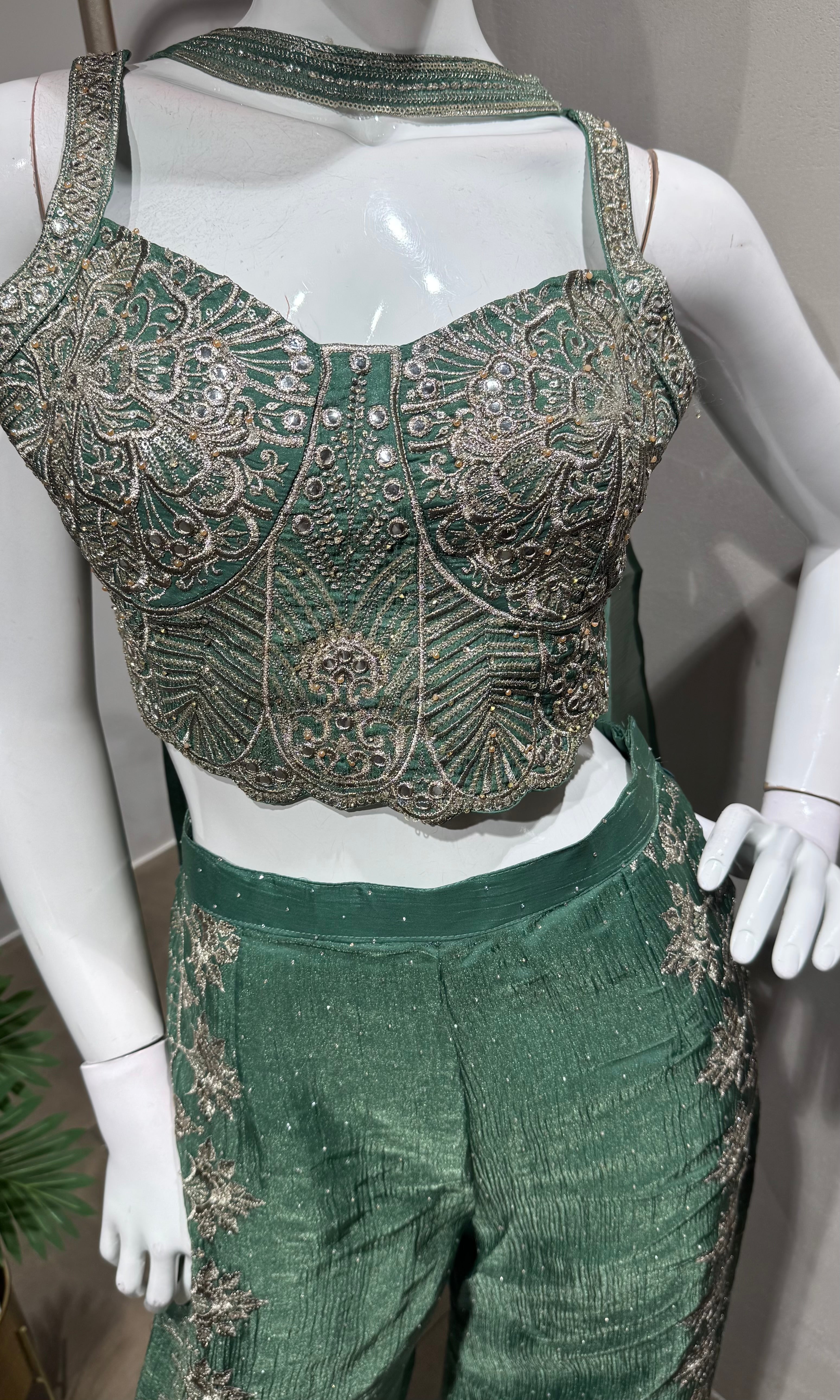 green sequins crop top and palazzo set