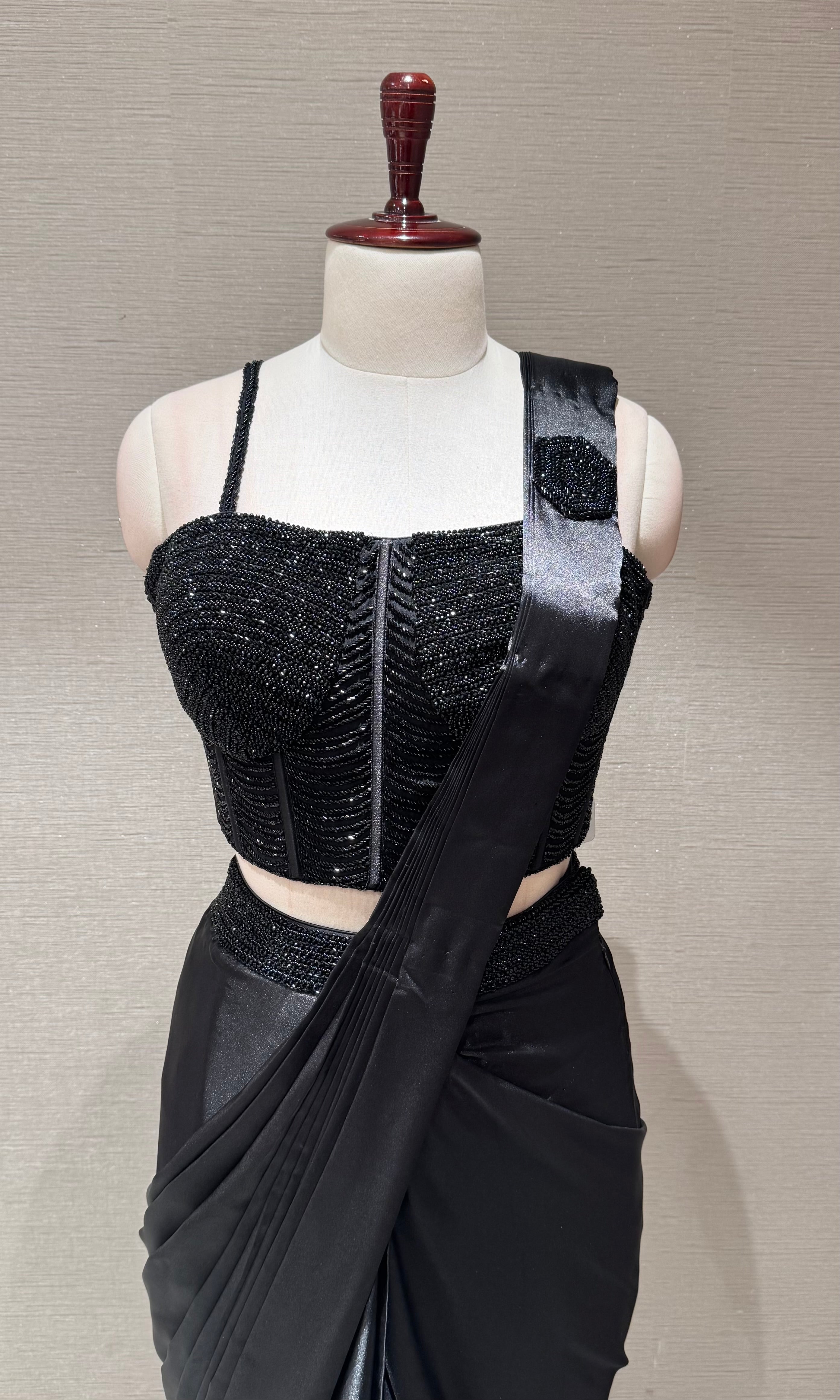 Black Midnight Satin Drape Saree Set