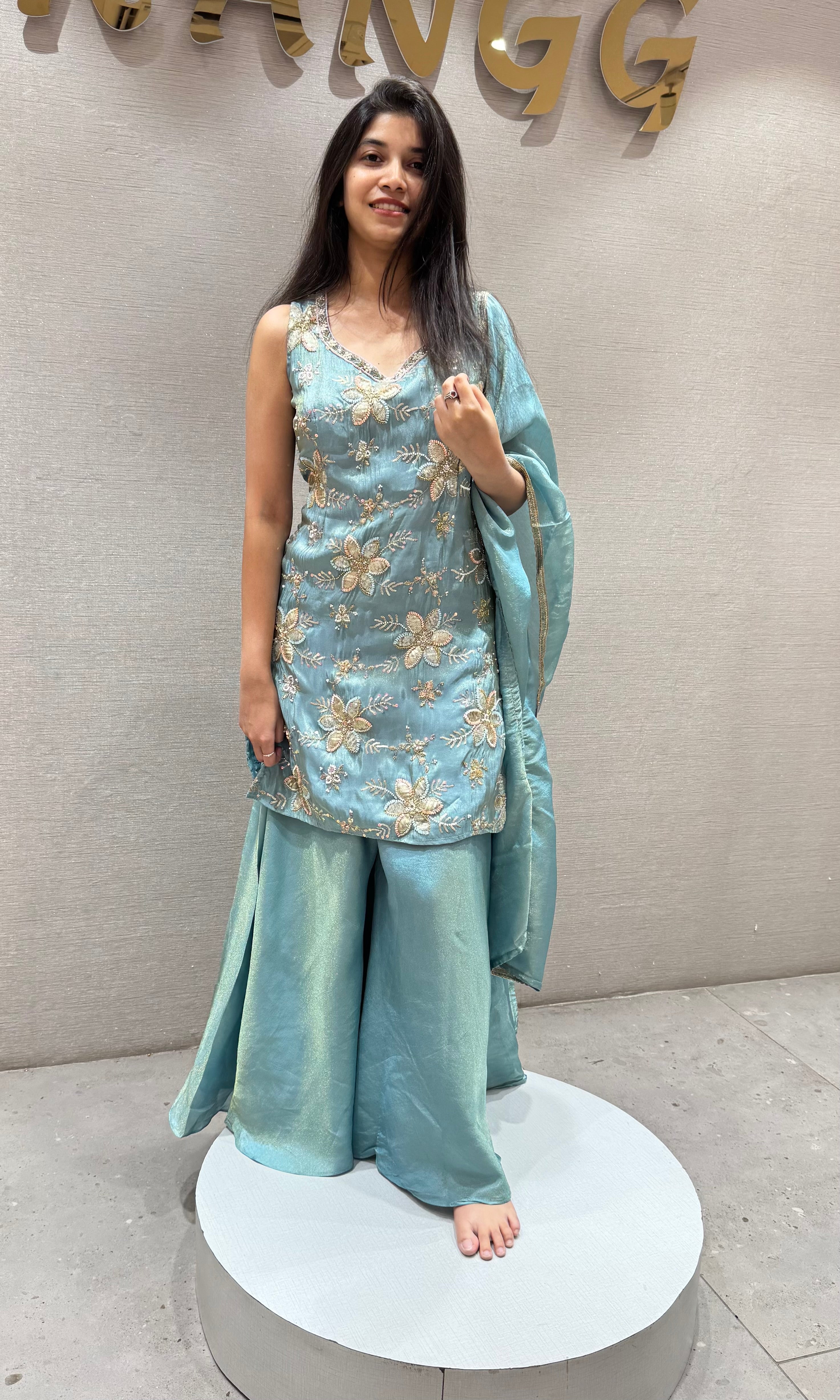 SEA Blue Tissue Floral Embroidery Sharara Set