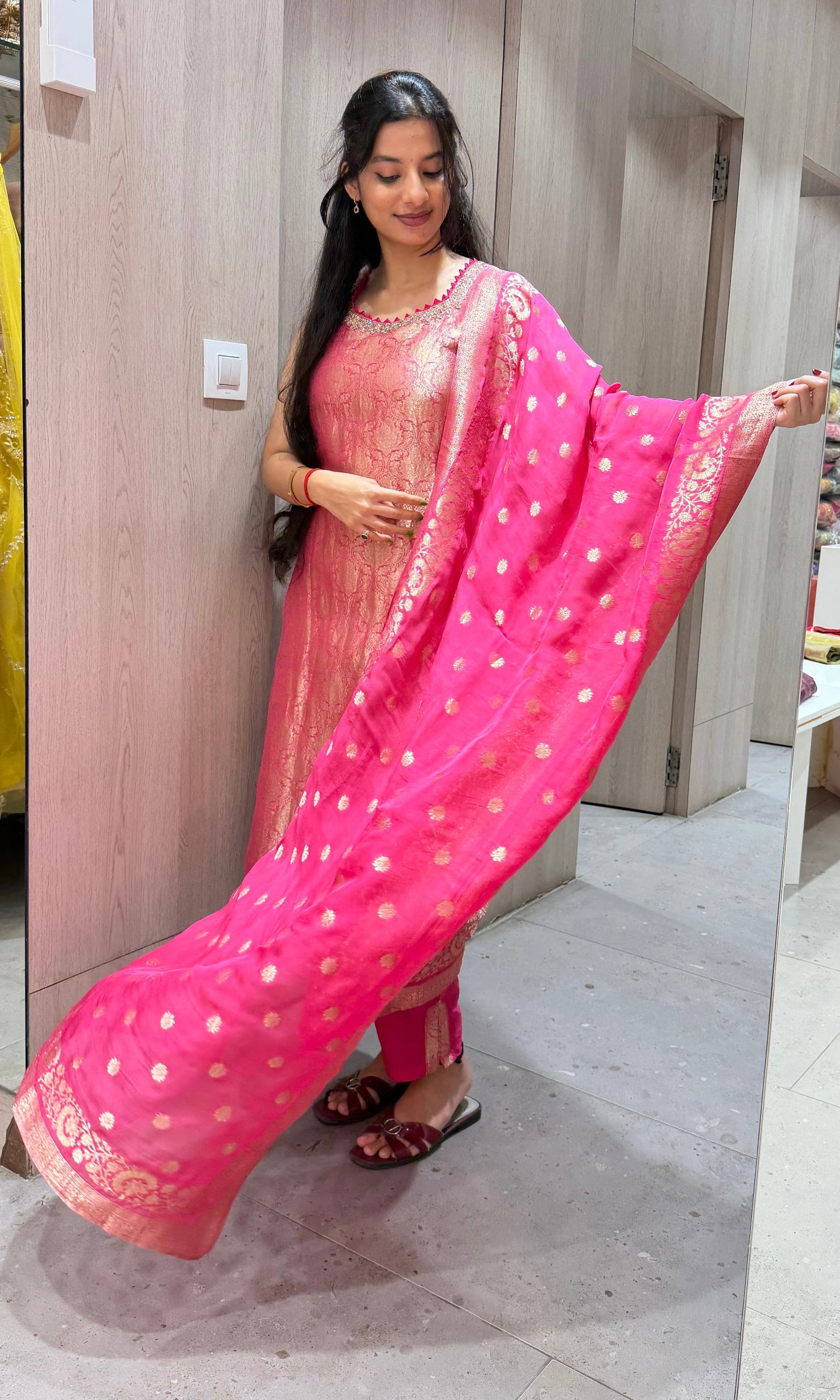 Pink Banarasi Golden KURTA SET