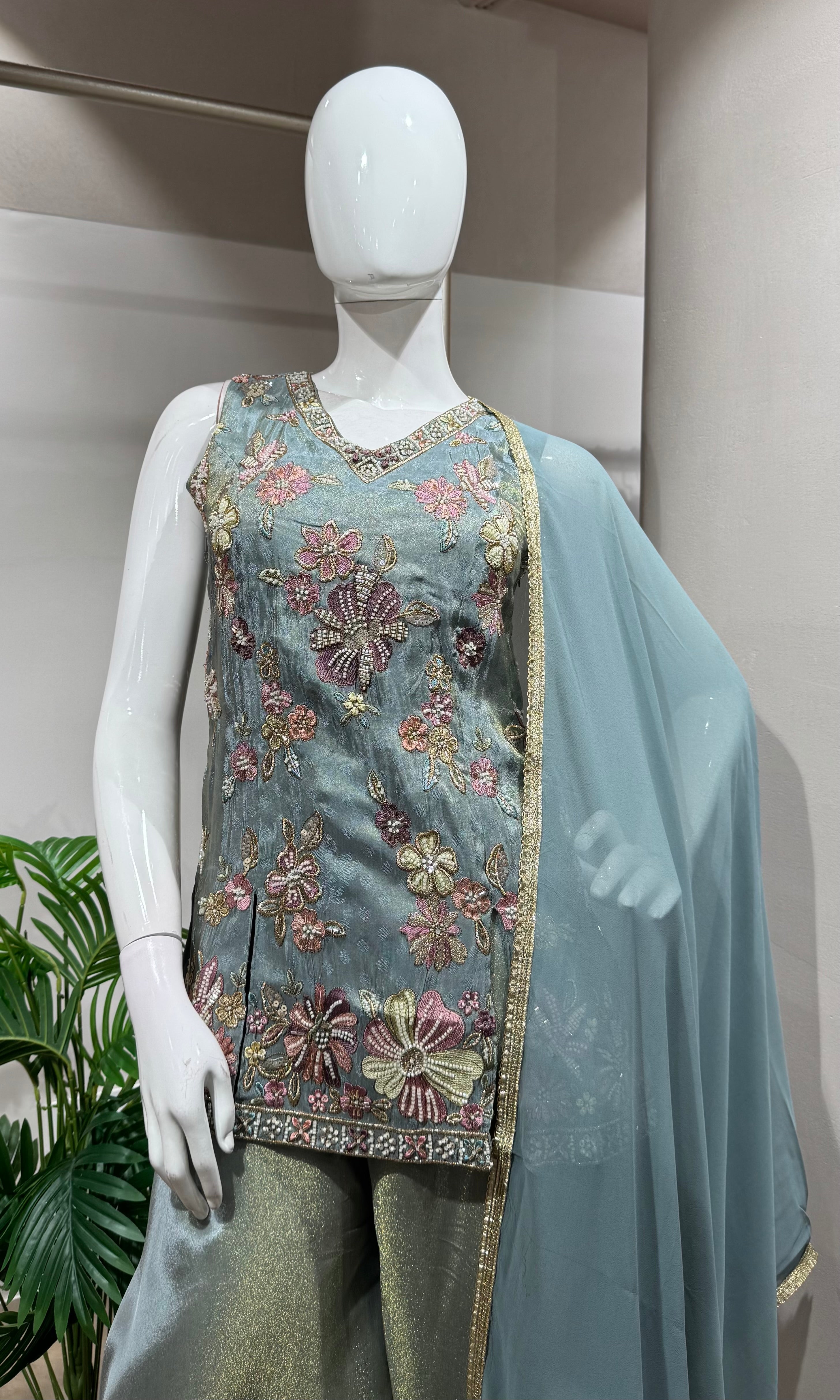 green Tissue Sharara Set with Floral Embroidery