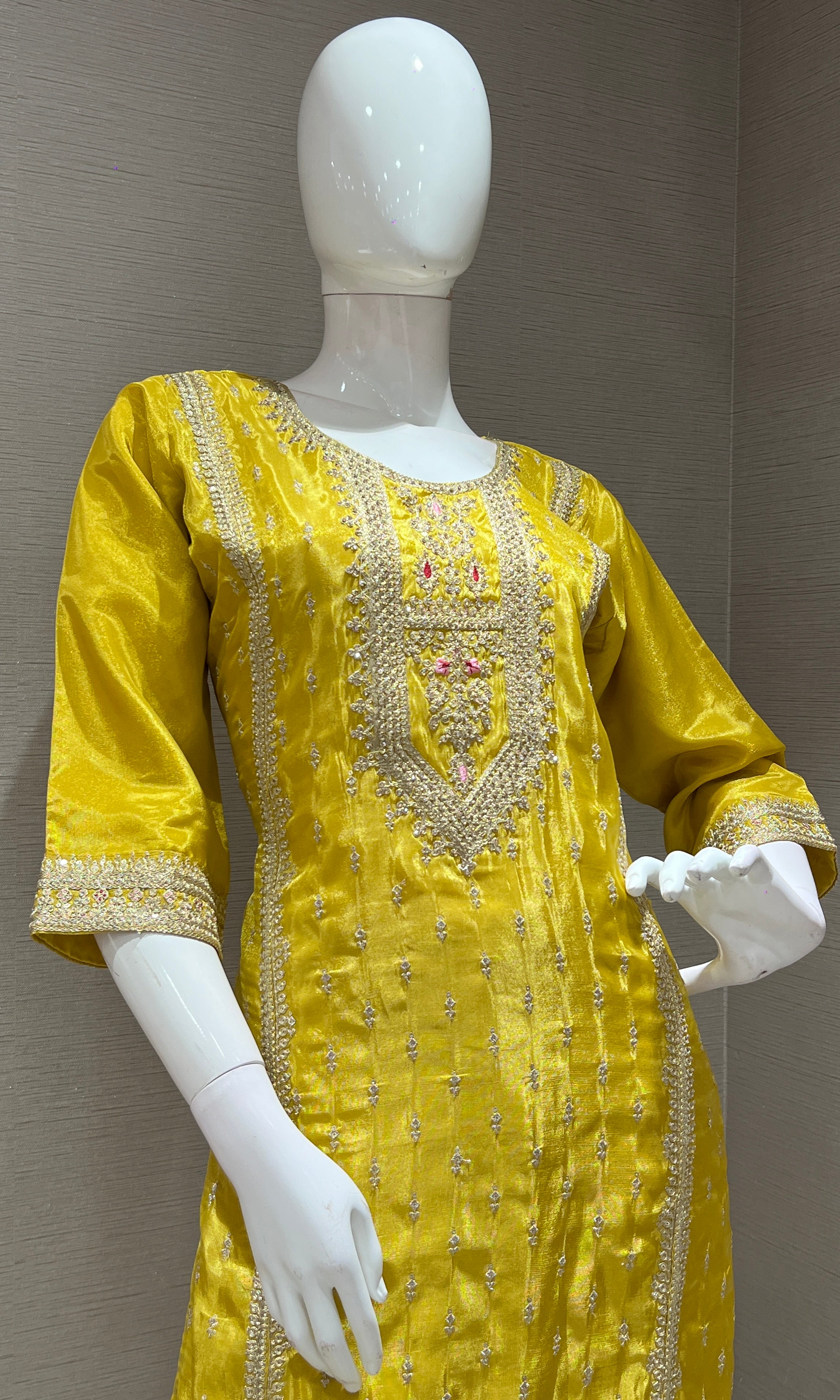Yellow kurta set WITH CONTRAST PINK DUPATTA