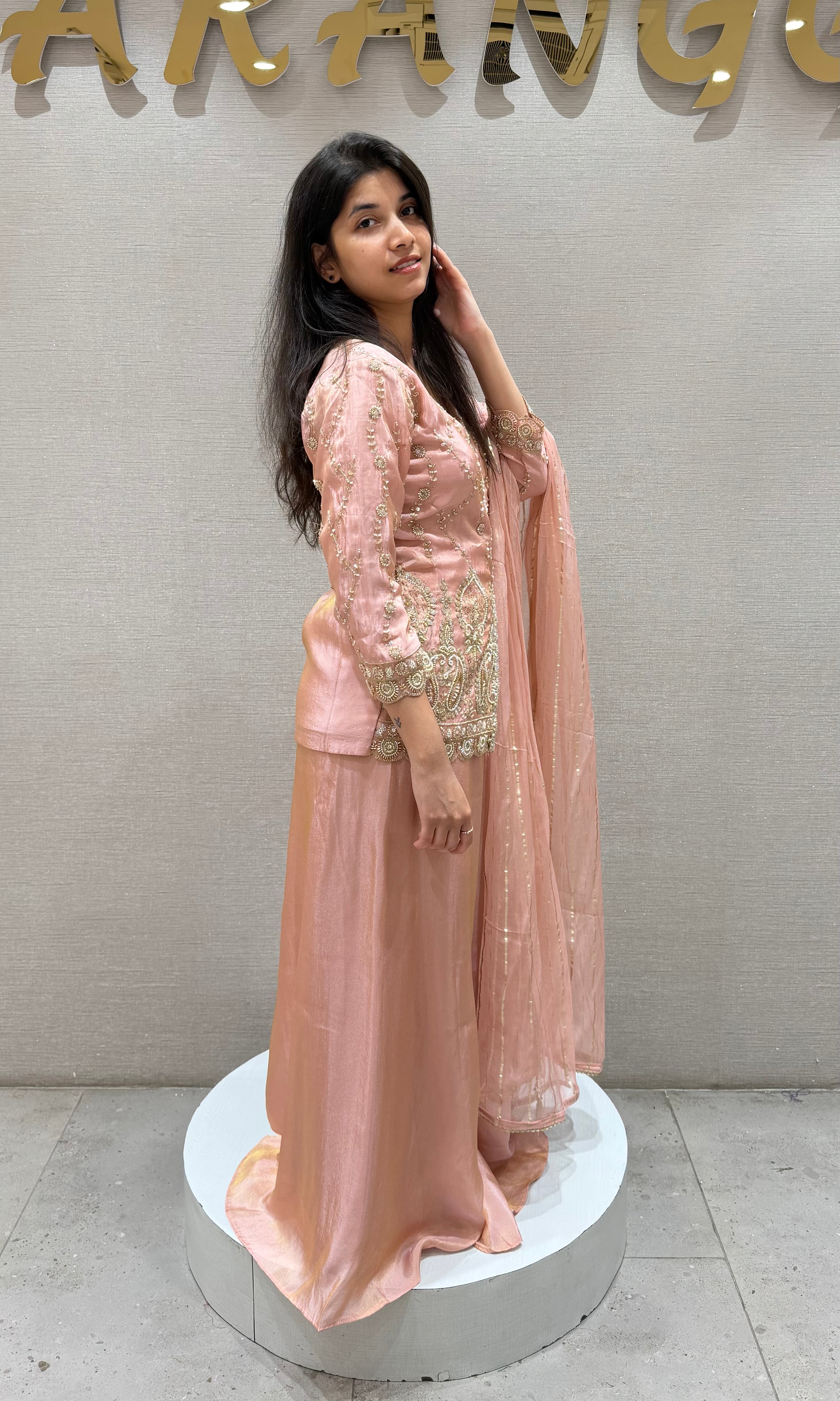 Peach EMBROIDERED PEPLUM PALAZZO SET