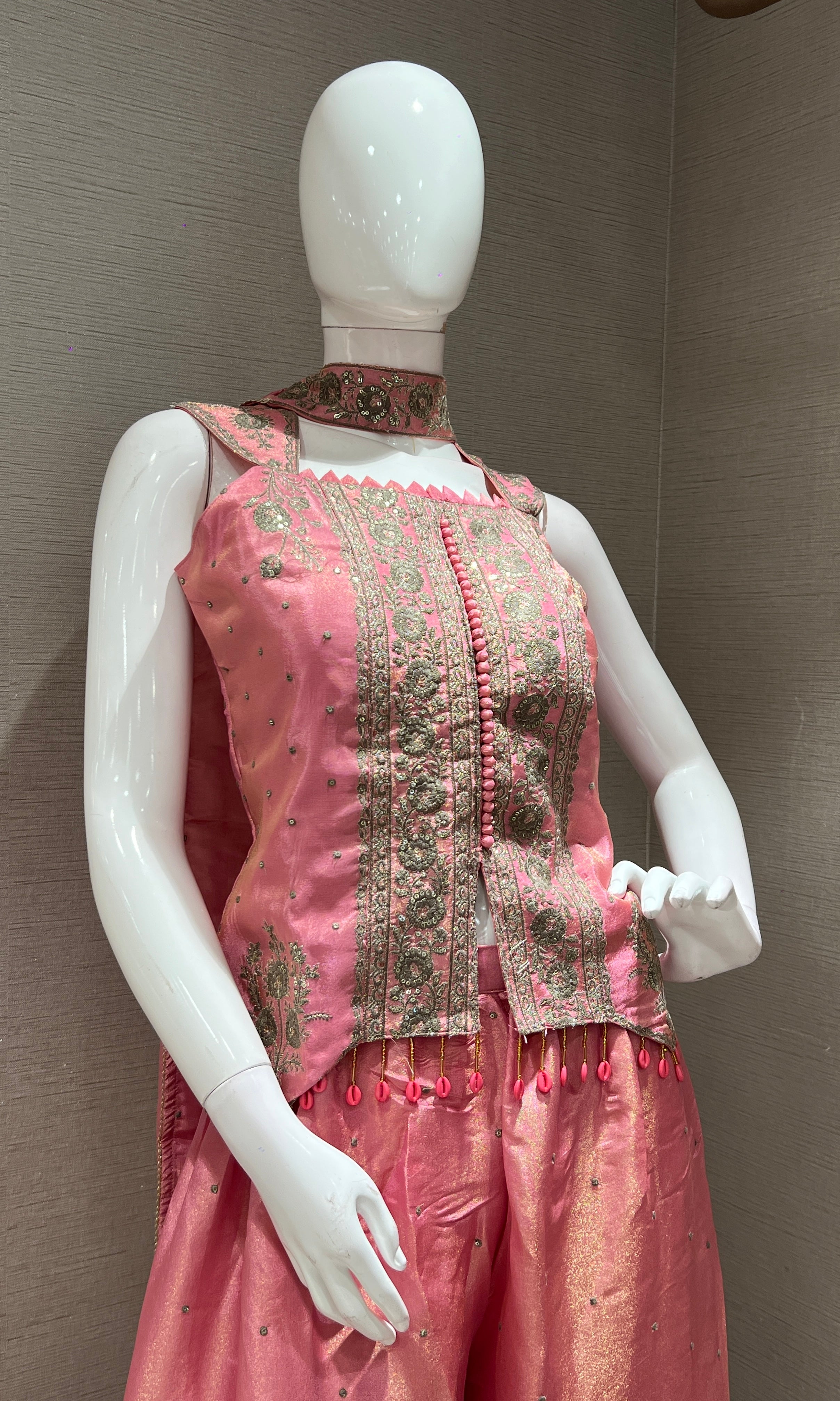 Pink shimmer tissue short blouse Palazzo set