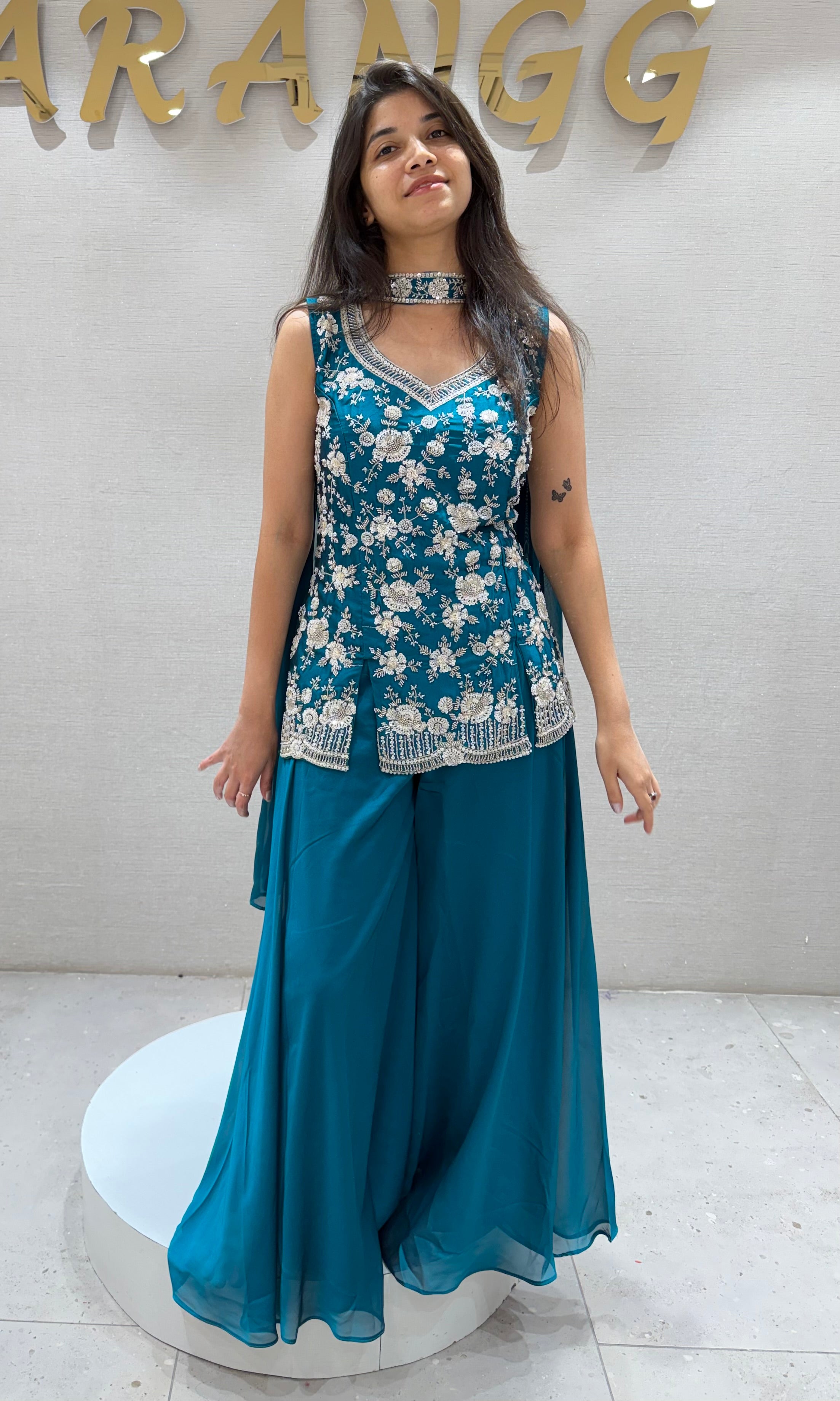 Rama blue embroidered sharara set