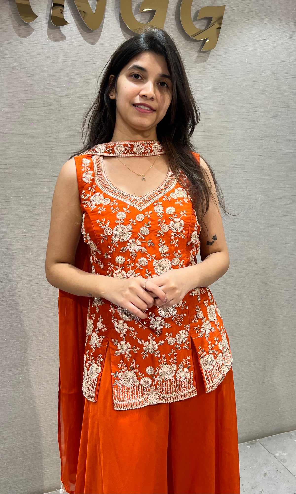 Orange Silk Floral Embroidered Palazzo Set
