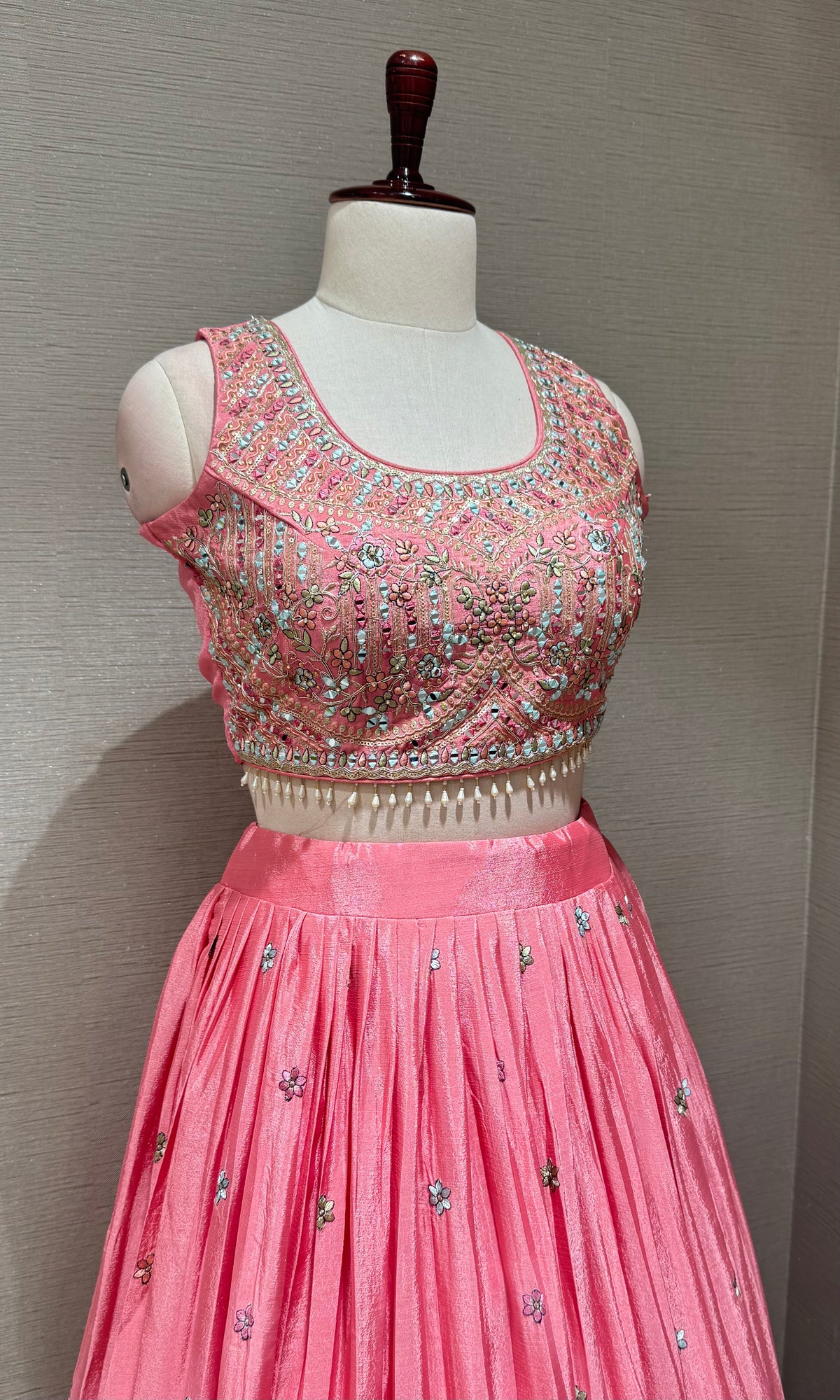 Rose Pink tissue silk Embroidered Lehenga set