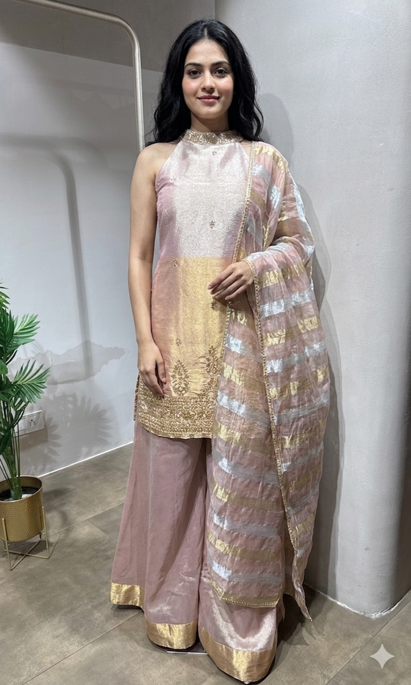 rose pink gold embellished sharara set