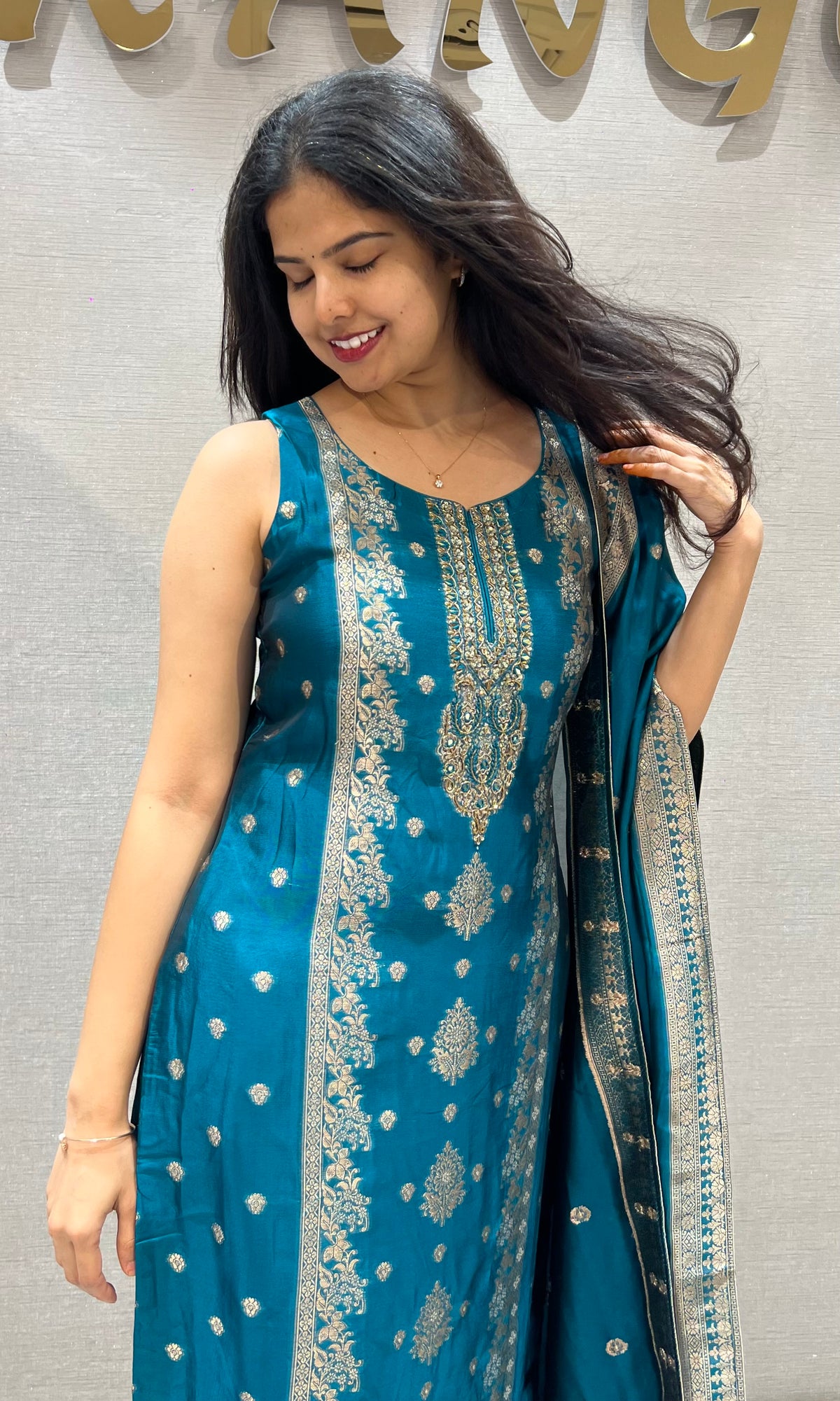 Peacock Blue & Golden silk Ethnic Kurta set with Dupatta