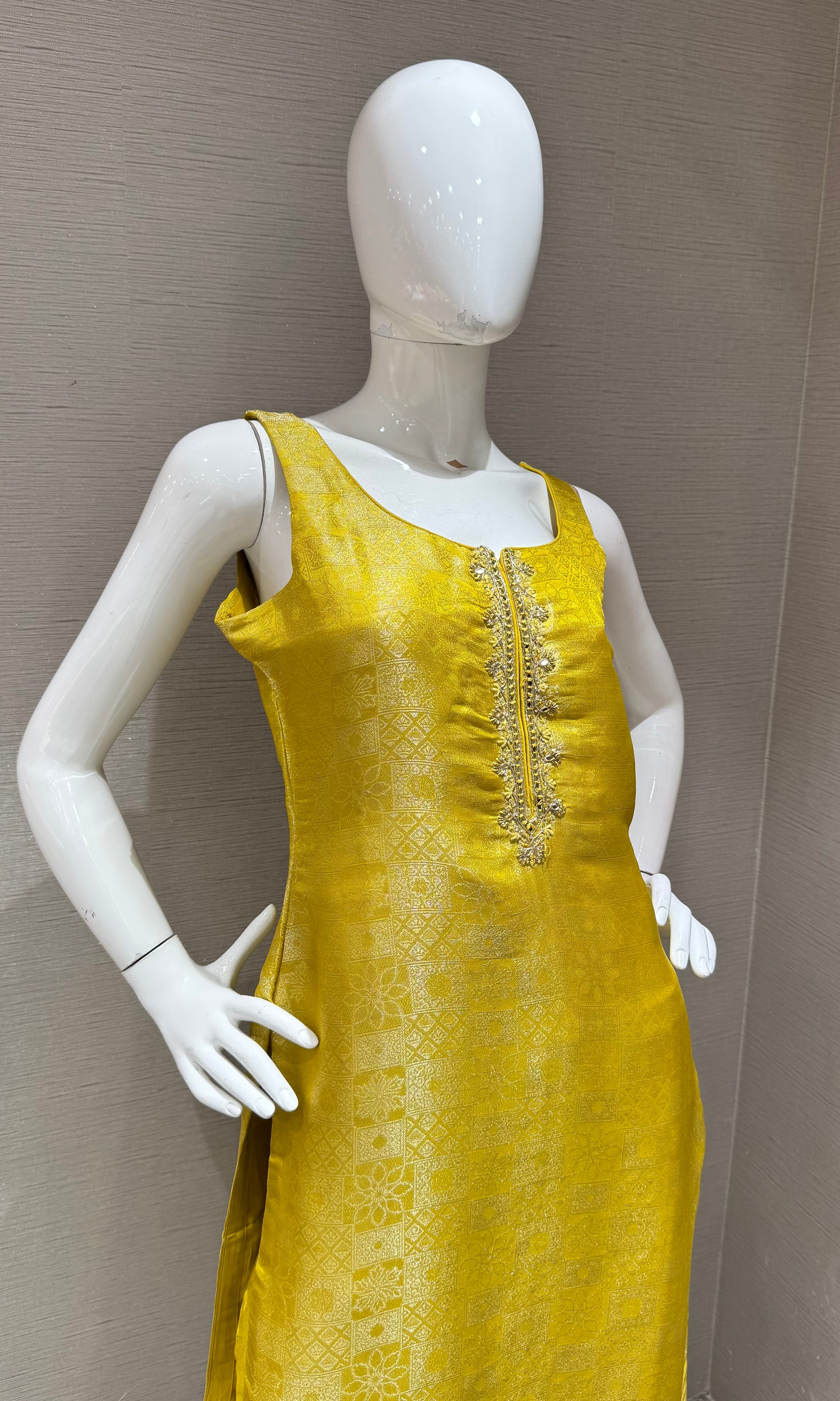 Yellow silk jaquard Kurta set
