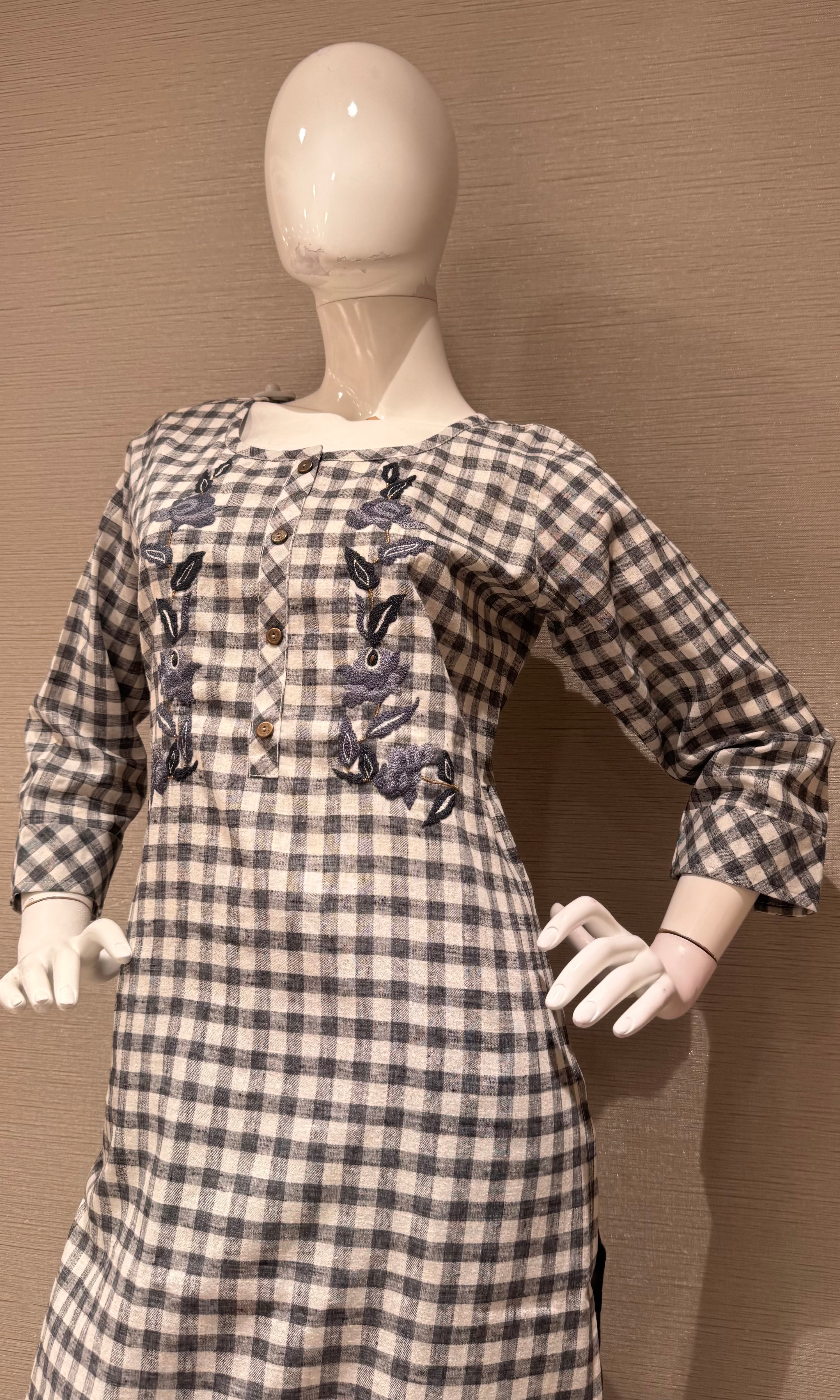 Grey and White Gingham Square Neck Tunic top bottom