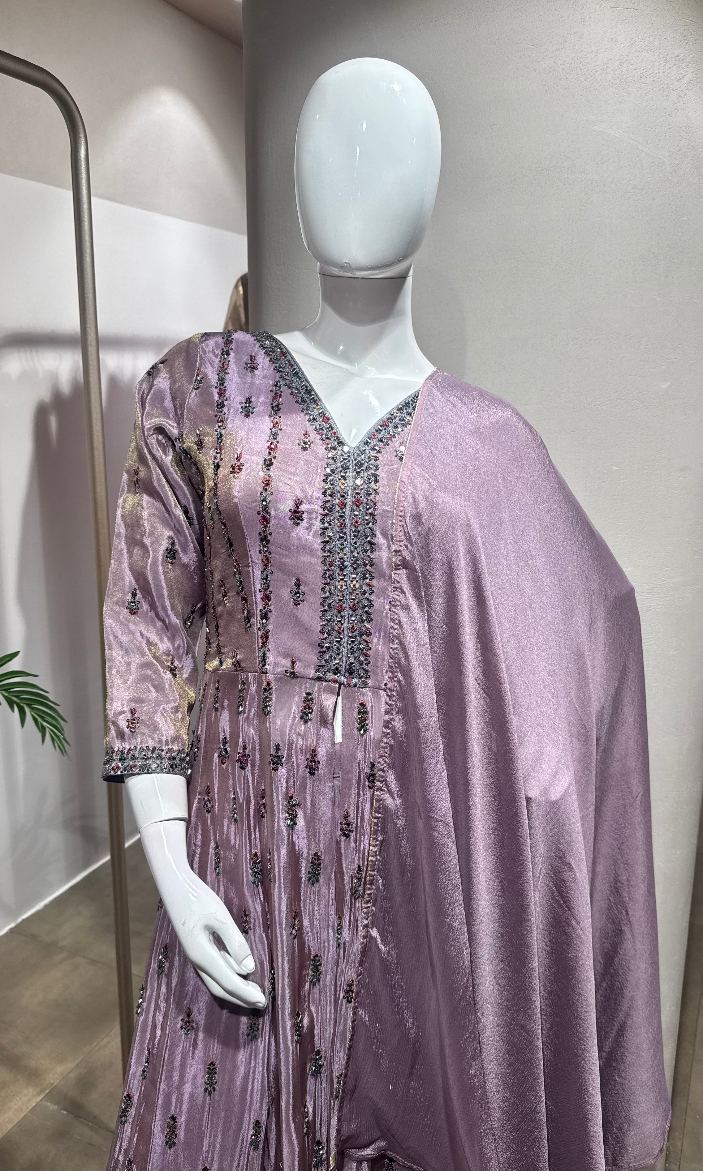 LIGHT Purple Chinon Silk Embroidered Palazzo Set