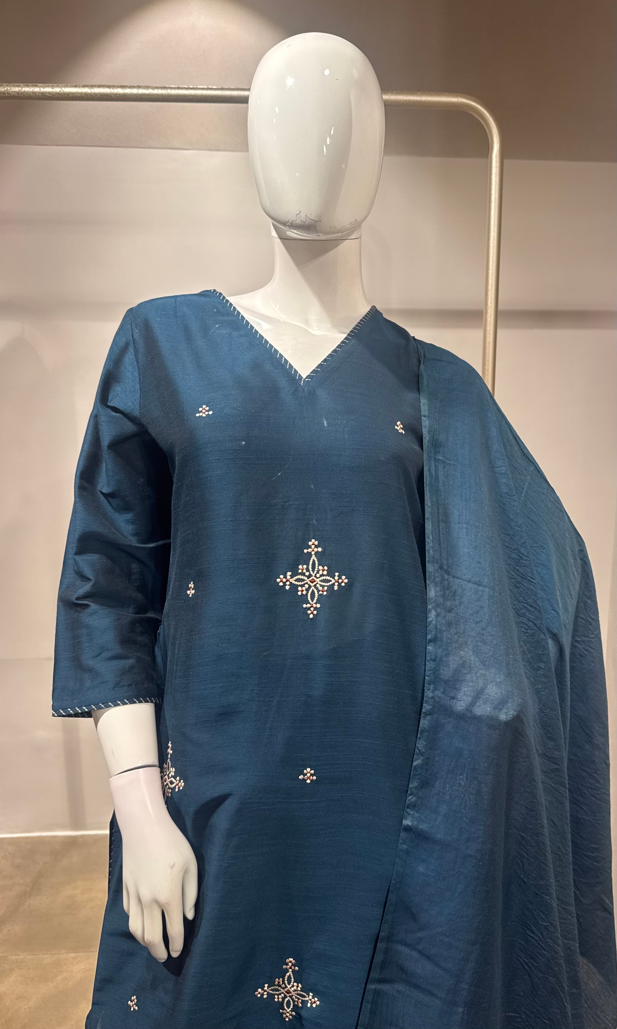 Blue Embroidered Chanderi Kurta Set with Dupatta