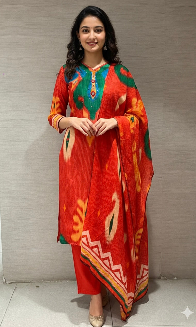 Red multi coloured ethnic kurta set