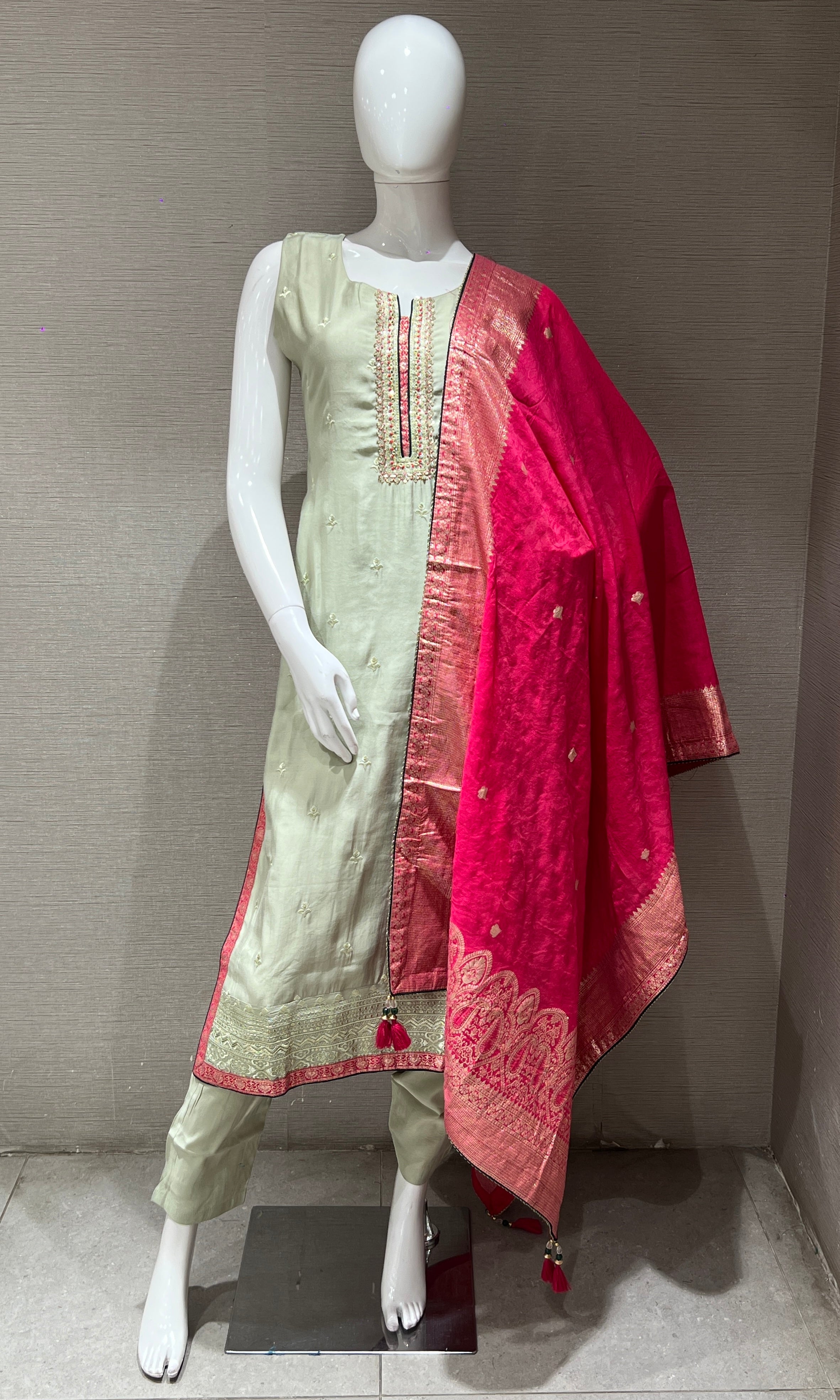 Pista Green Embroidered Kurta Set with Contrast Pink Dupatta