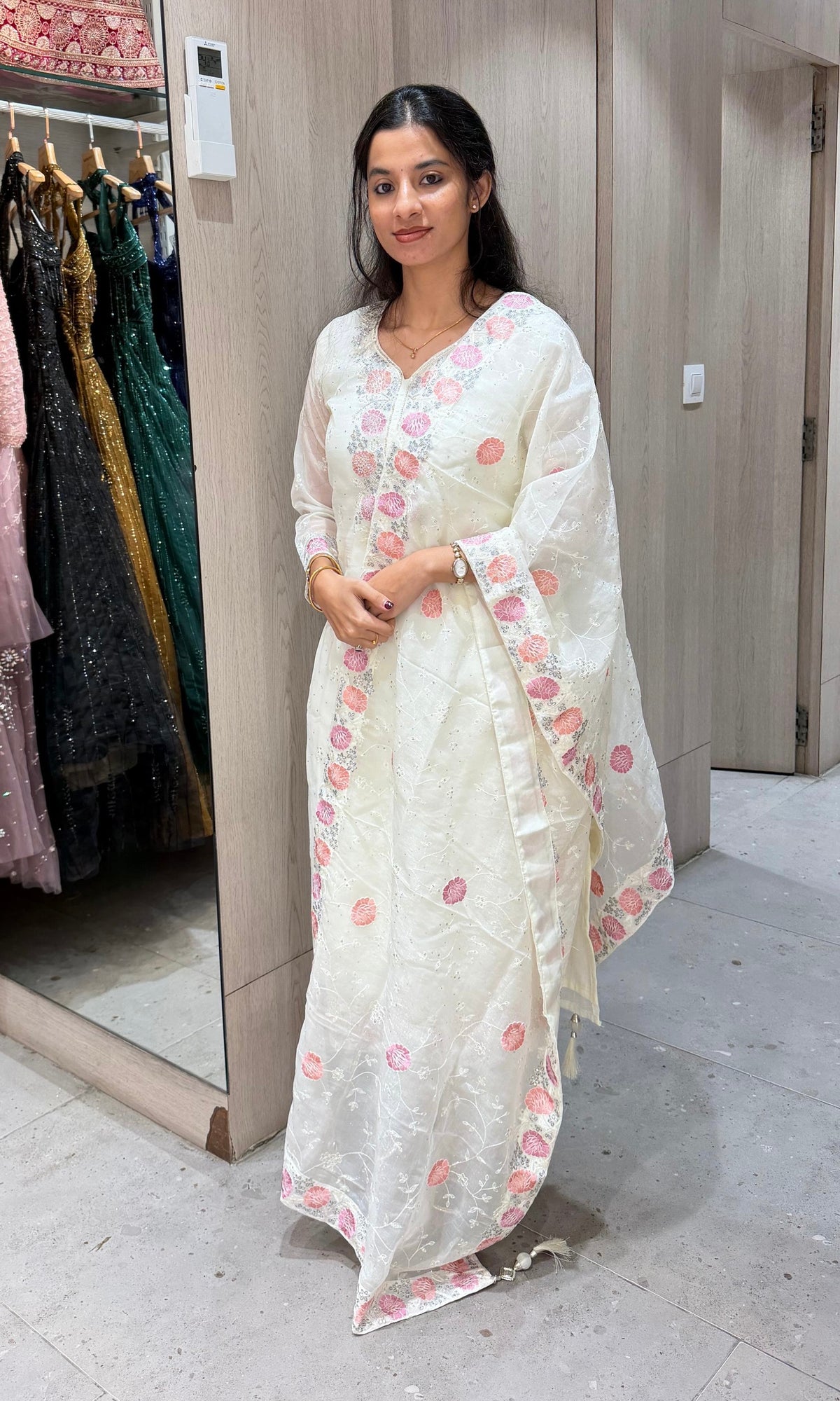 White Floral Cotton Ethnic Kurta set with Dupatta
