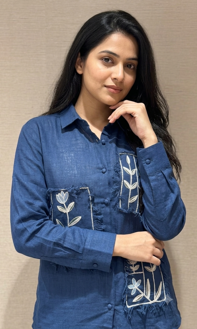 Blue Embroidered Floral Patch Cord set