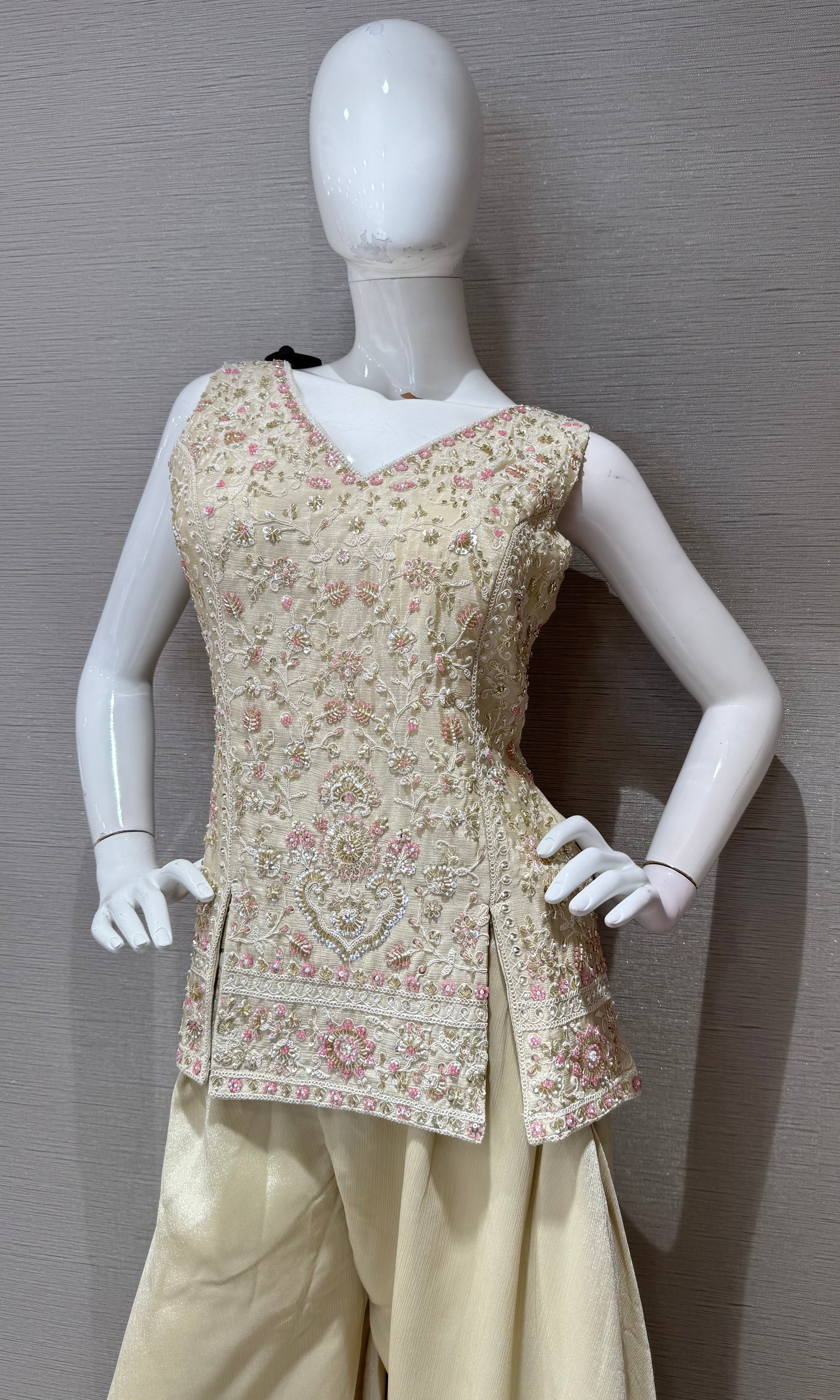 Cream Floral embroidered peplum palazzo set