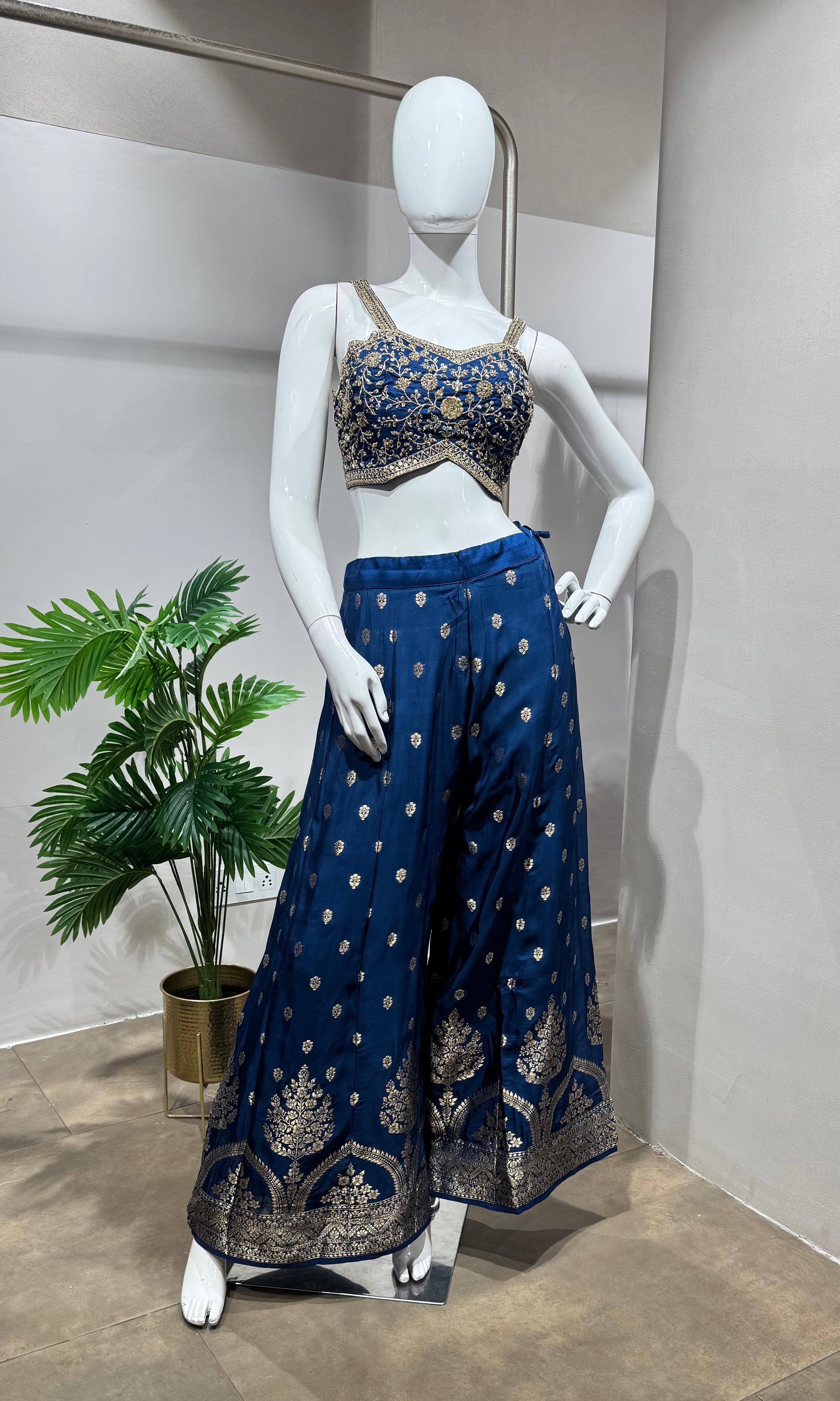 Navy Blue Indo-Western Draped Fusion Set