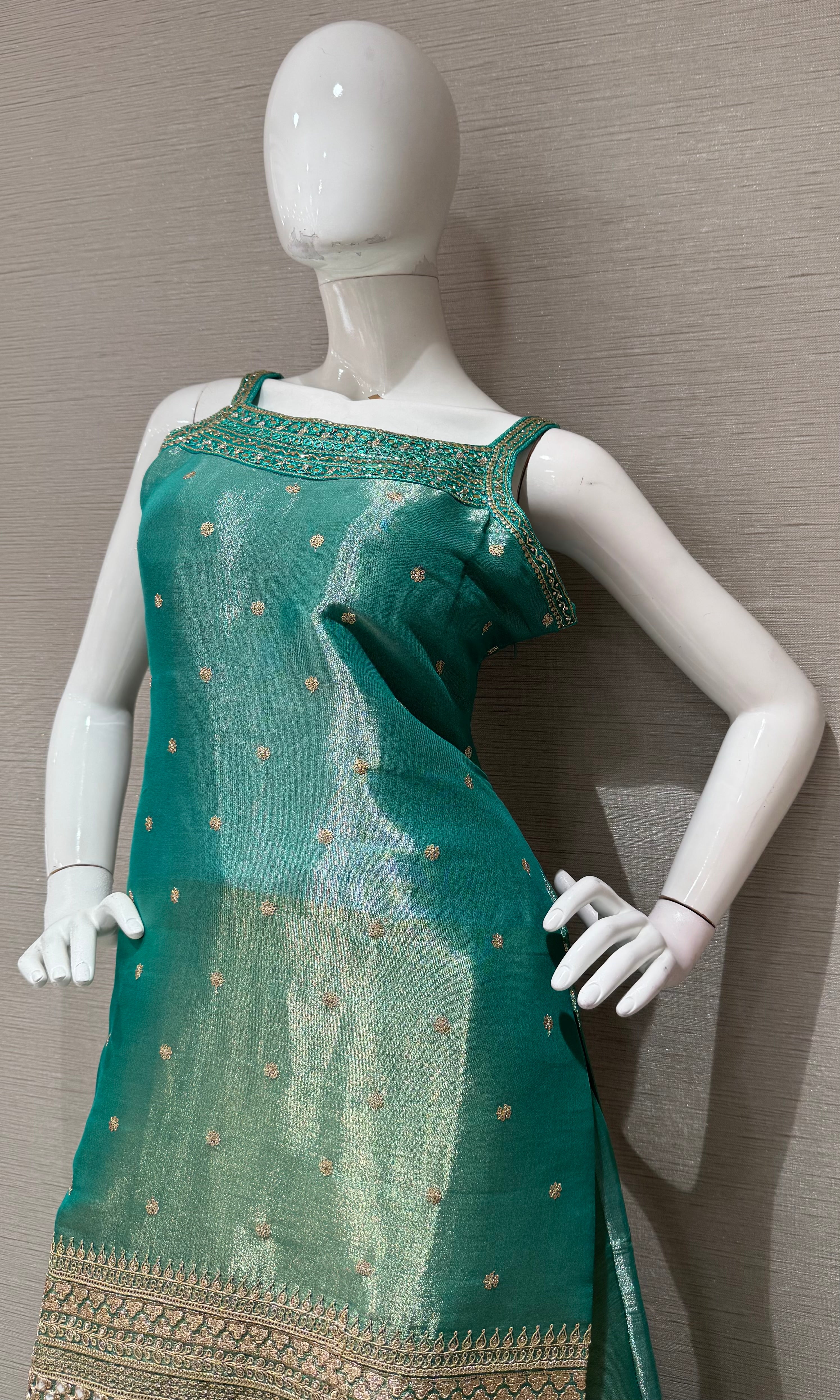 Green and Gold Zari Sharara set with Sheer Dupatta