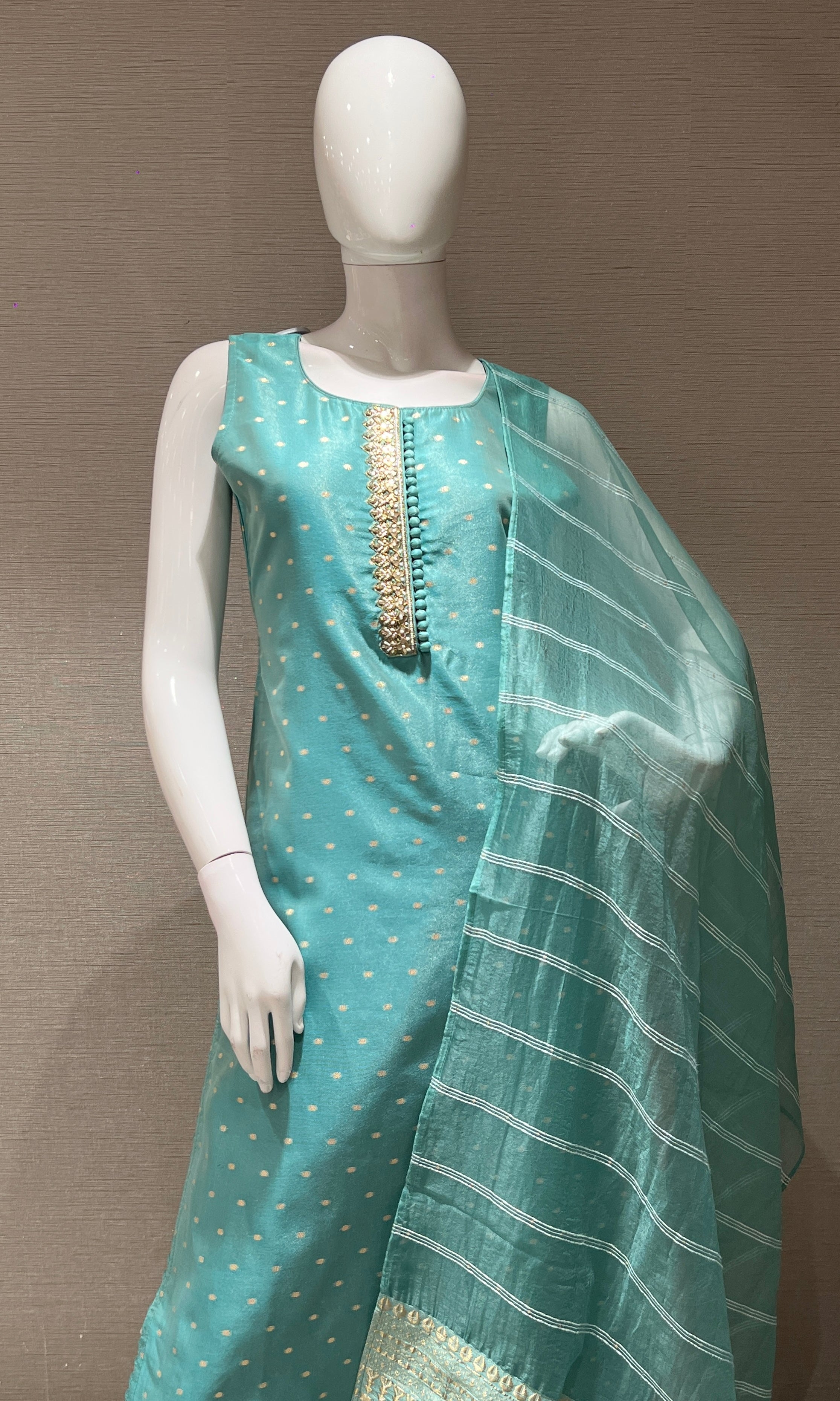 Sea green kurta set with striped dupatta