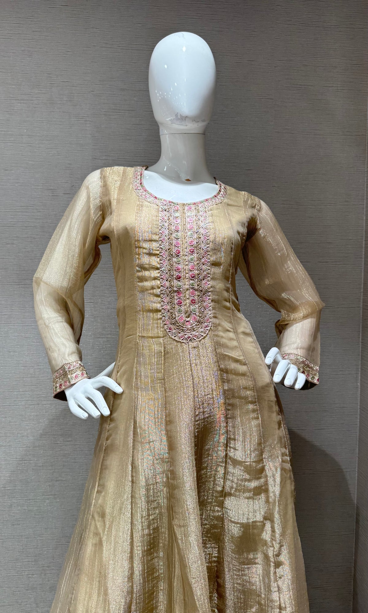 BEIGE EMBROIDERED TISSUE ANARKALI SET WITH FLORAL DUPATTA