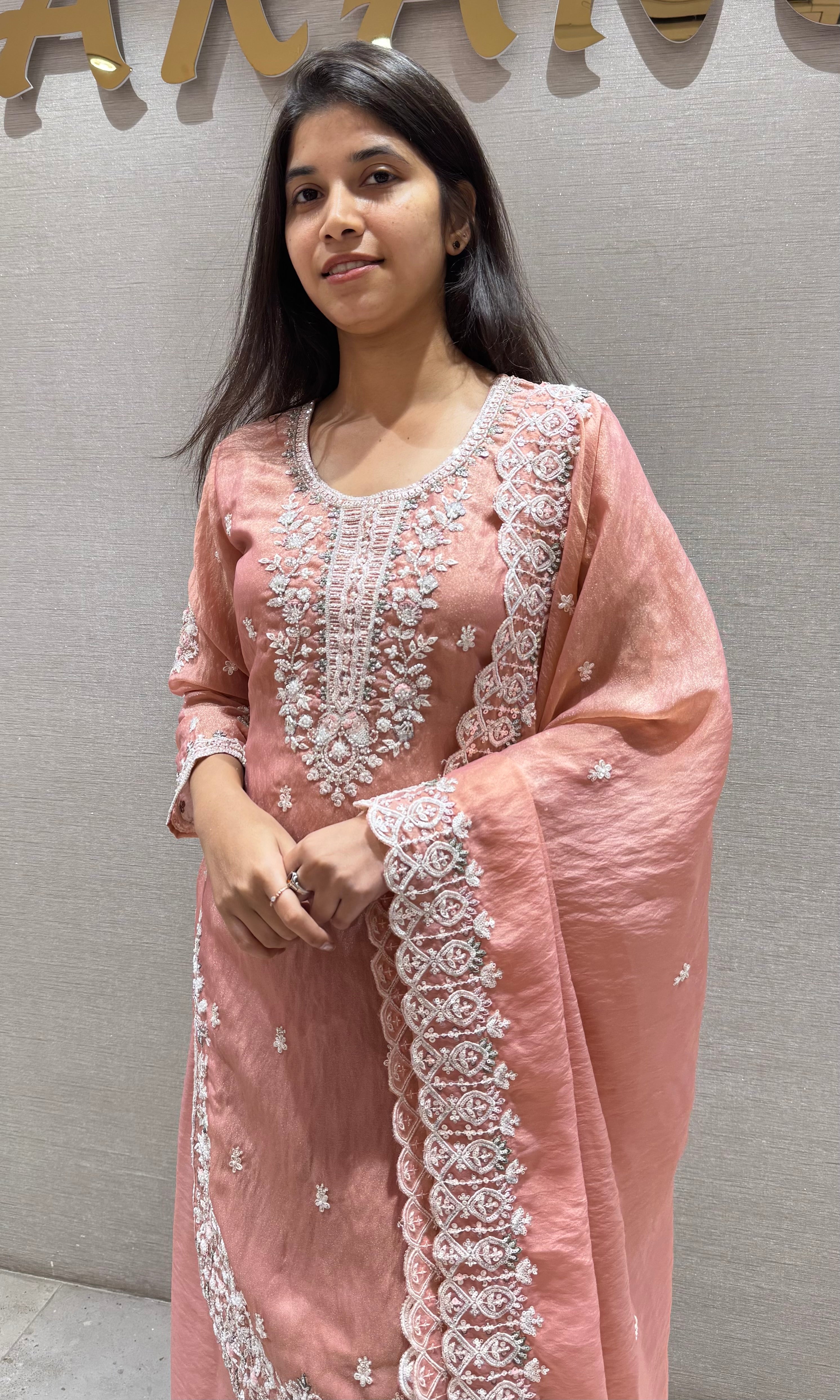Peach Embroidered Organza SHARARA SUIT