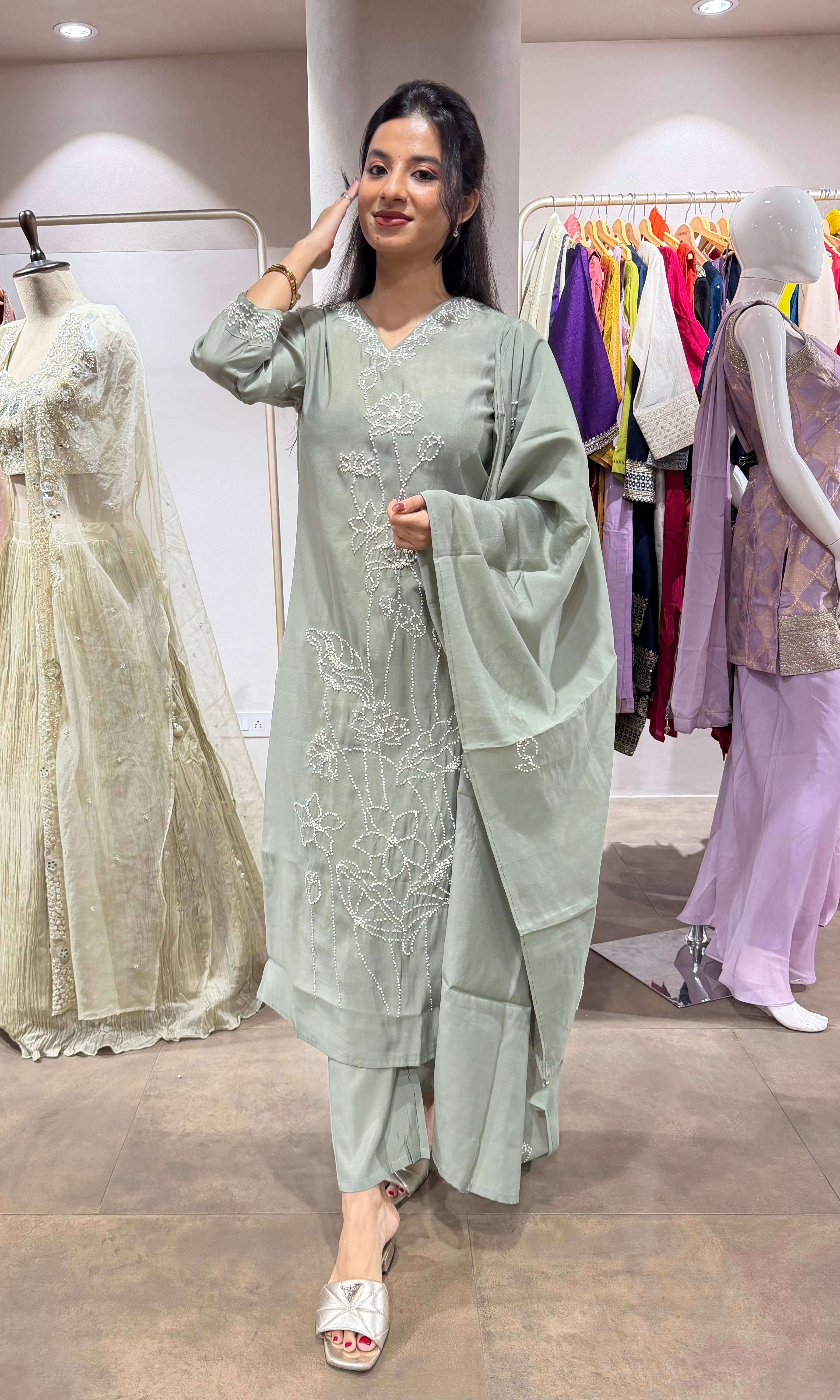 LIGHT Green Floral Embroidered KURTA SET
