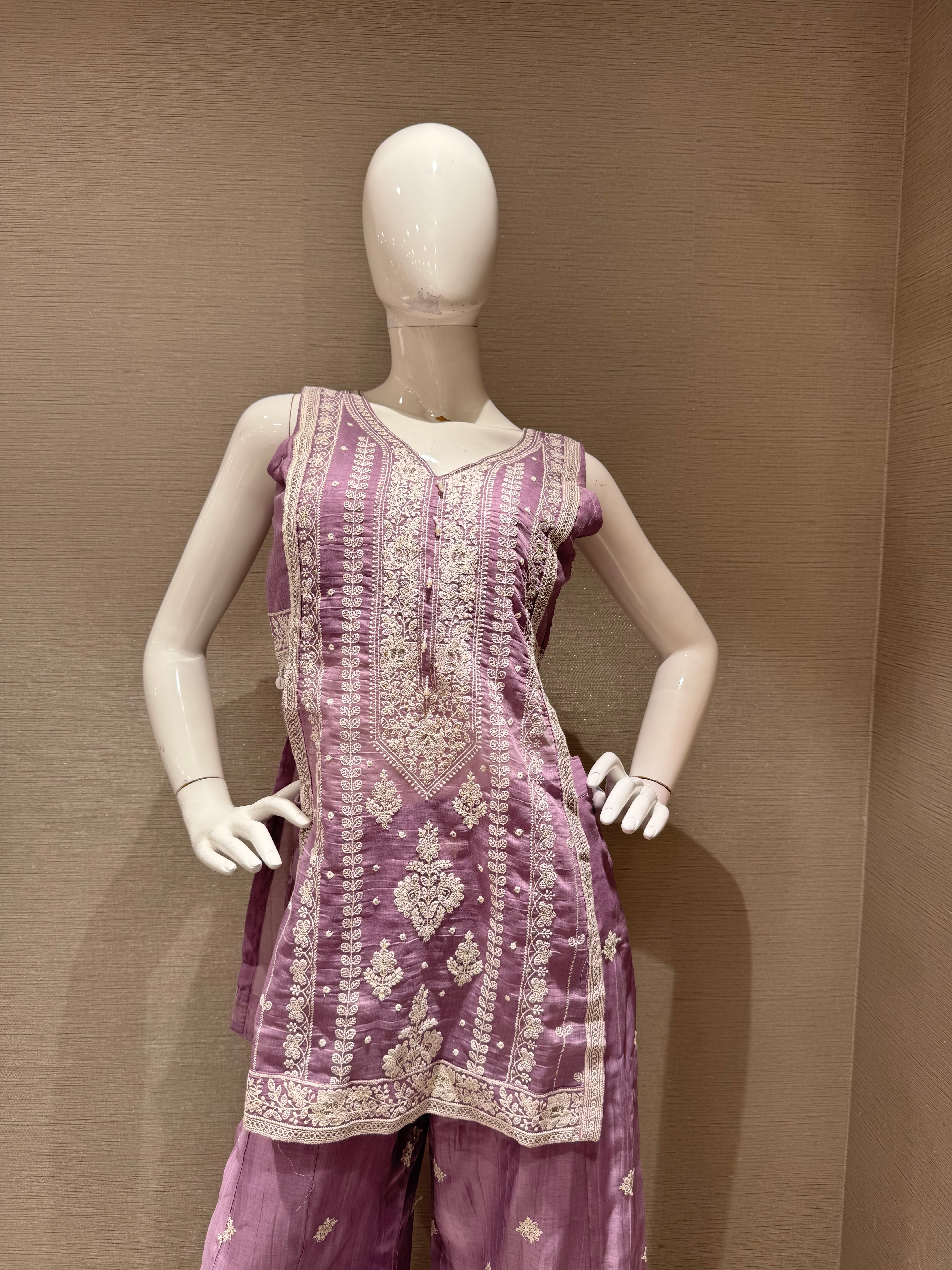lavander Embroidered Shimmer Silk Palazzo Set