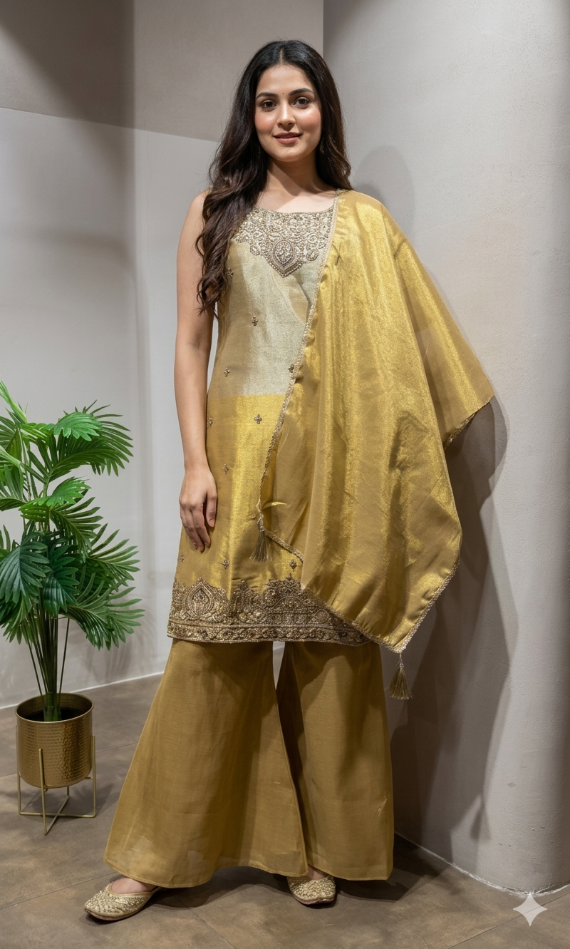 Gold Tissue Silk Sharara Ensemble